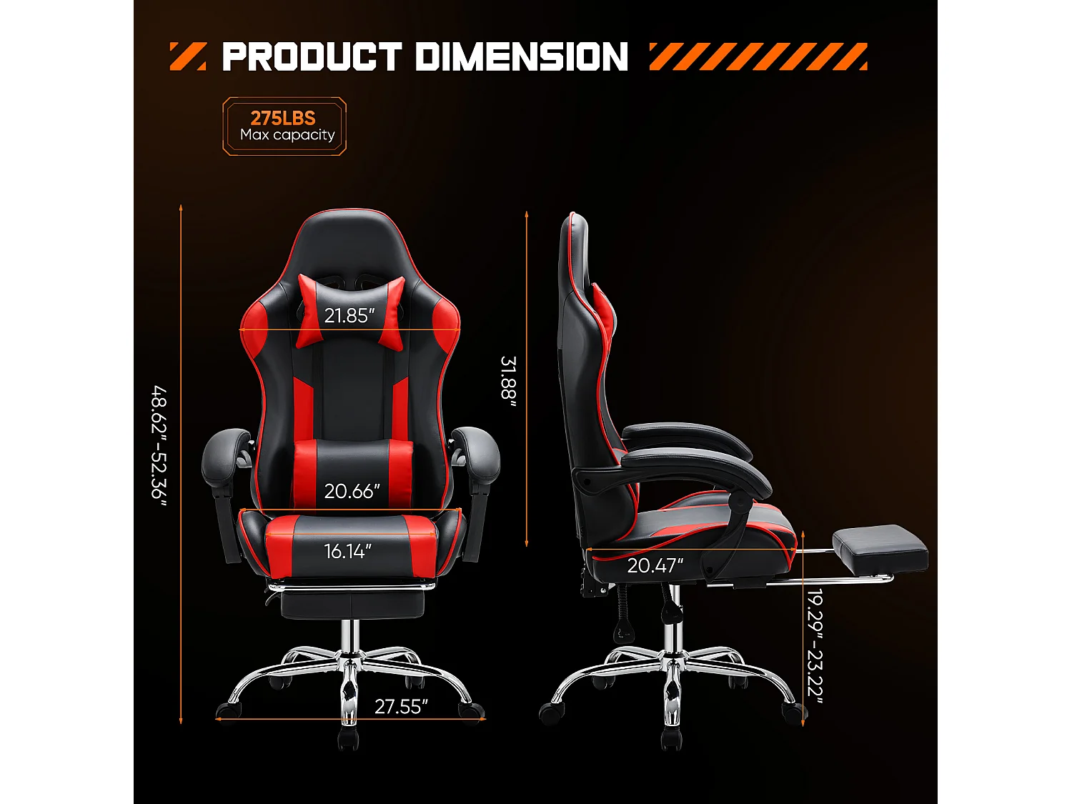 Gaming stoel,Bureaustoel met voetsteun en comfortabele lendensteun,Ergonomisch,Relaxfauteuil met hoofdsteun,PU leer,Rood,Zwart