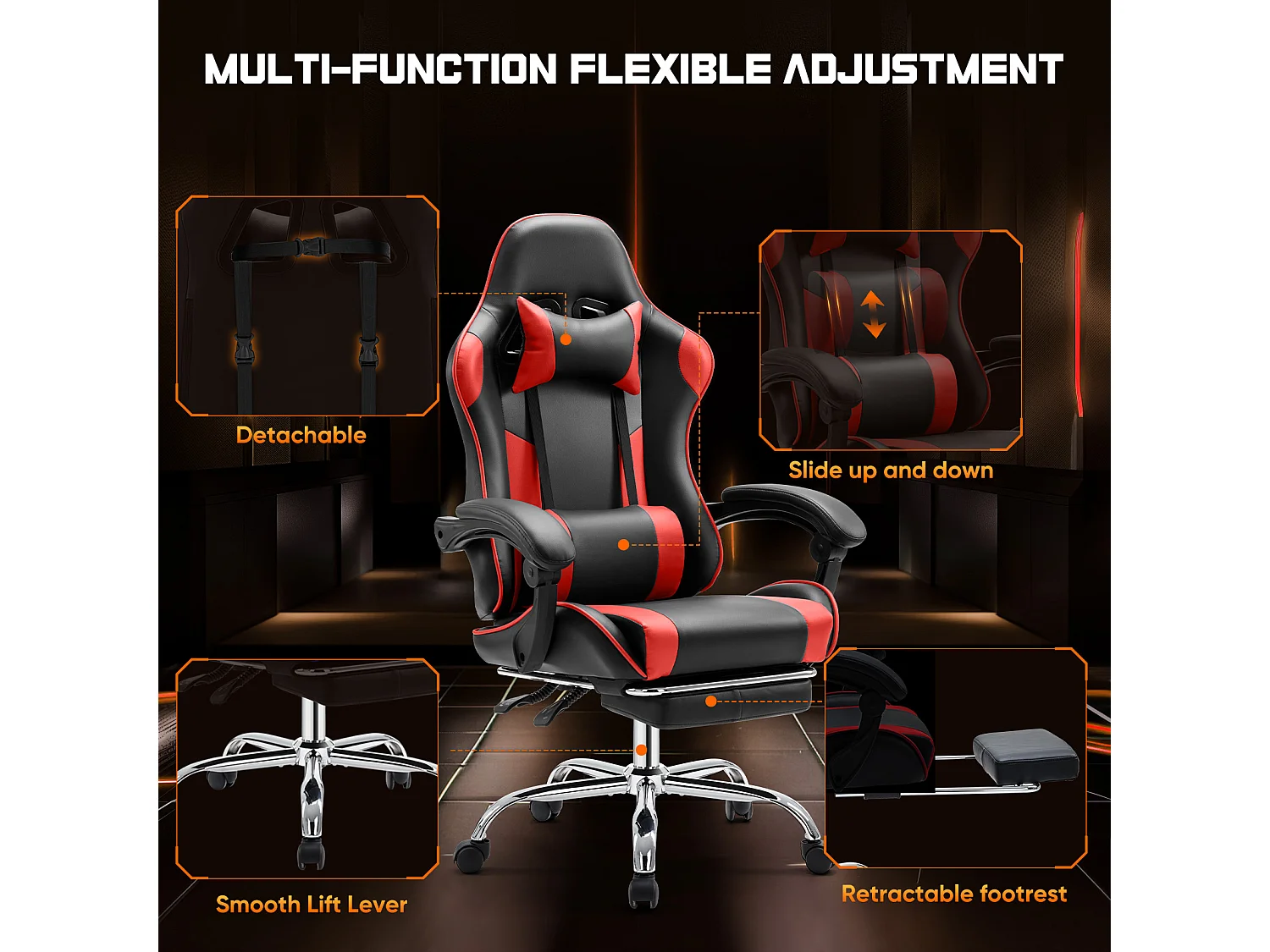 Gaming stoel,Bureaustoel met voetsteun en comfortabele lendensteun,Ergonomisch,Relaxfauteuil met hoofdsteun,PU leer,Rood,Zwart