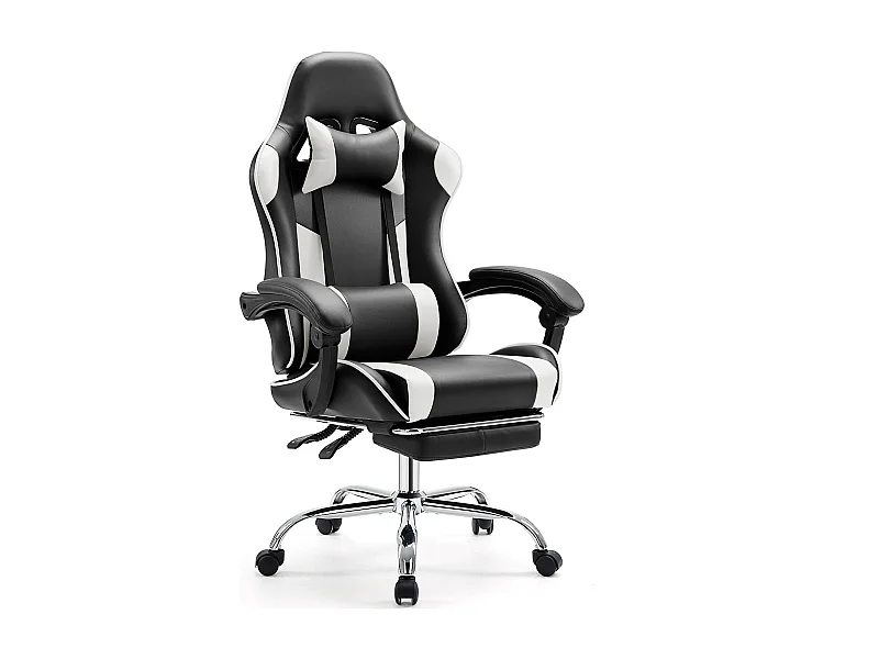 Gaming stoel,Bureaustoel met voetsteun en comfortabele lendensteun,Ergonomisch,Relaxfauteuil met hoofdsteun,PU leer,Wit,Zwart