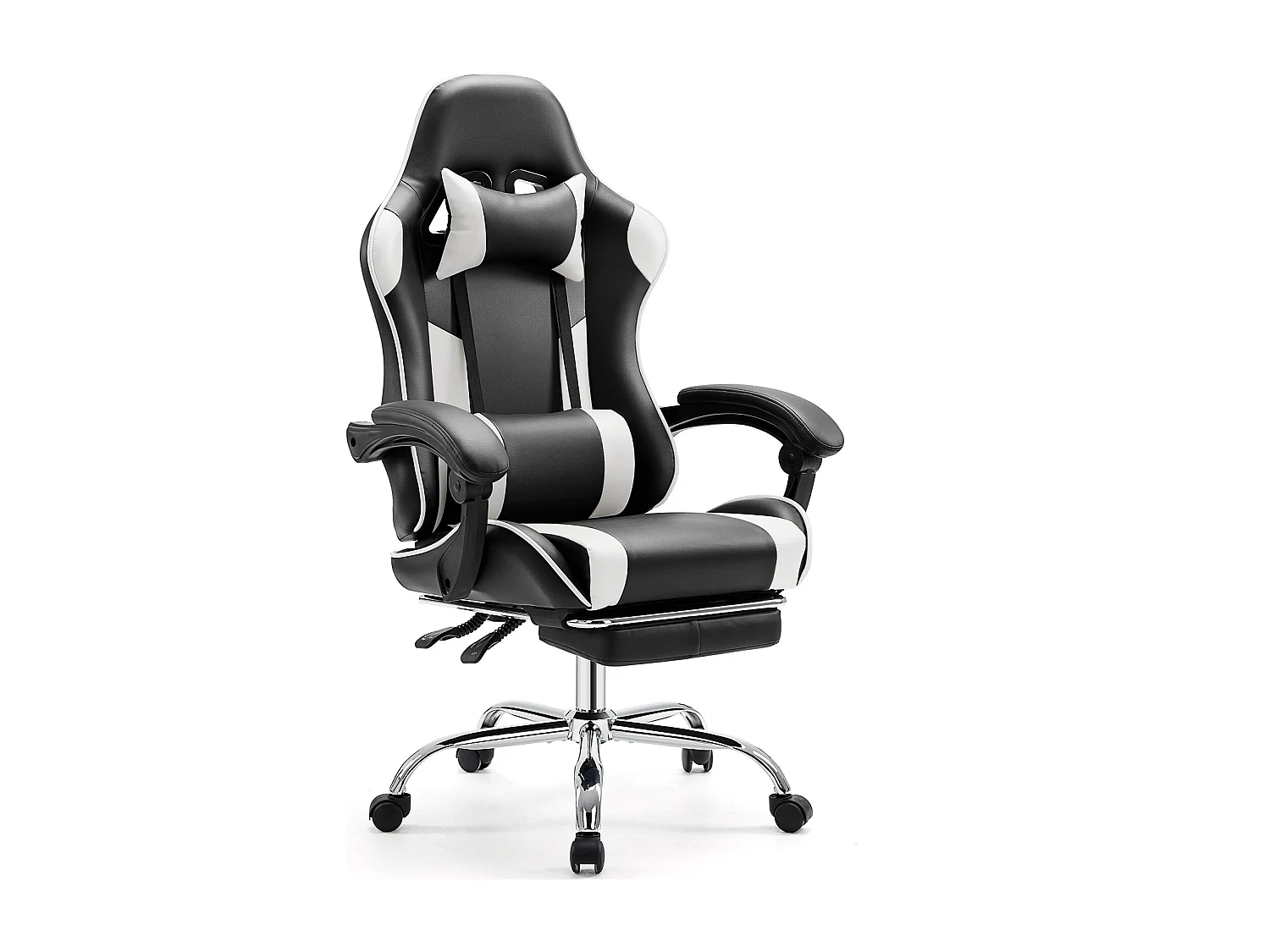 Gaming stoel,Bureaustoel met voetsteun en comfortabele lendensteun,Ergonomisch,Relaxfauteuil met hoofdsteun,PU leer,Wit,Zwart