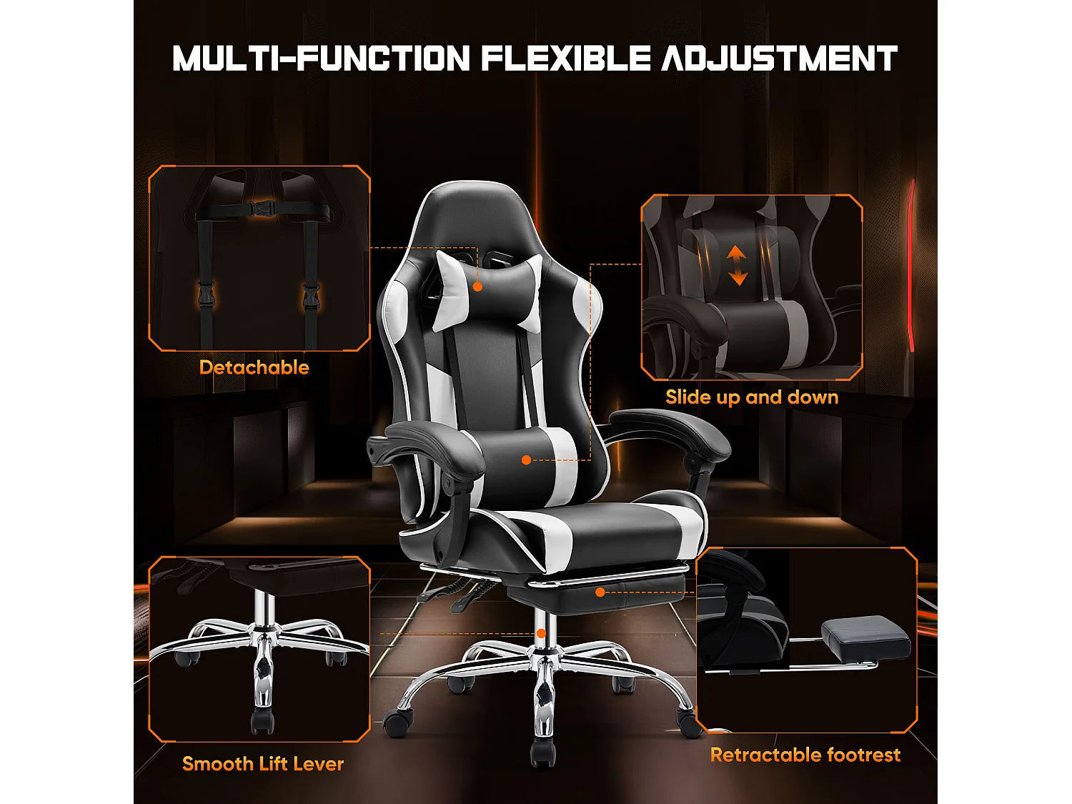 Gaming stoel,Bureaustoel met voetsteun en comfortabele lendensteun,Ergonomisch,Relaxfauteuil met hoofdsteun,PU leer,Wit,Zwart