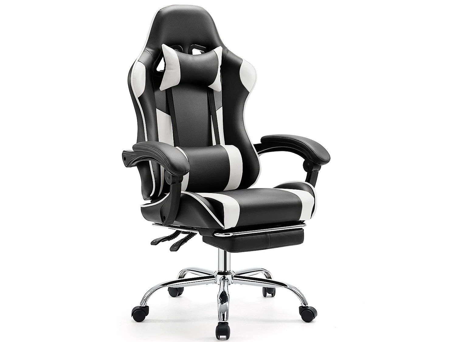 Chaise de jeu ,Chaise de bureau avec repose-pieds et soutien lombaire confortable,Ergonomique,Fauteuil inclinable avec appui-tête,Cuir PU,Blanc,Noir