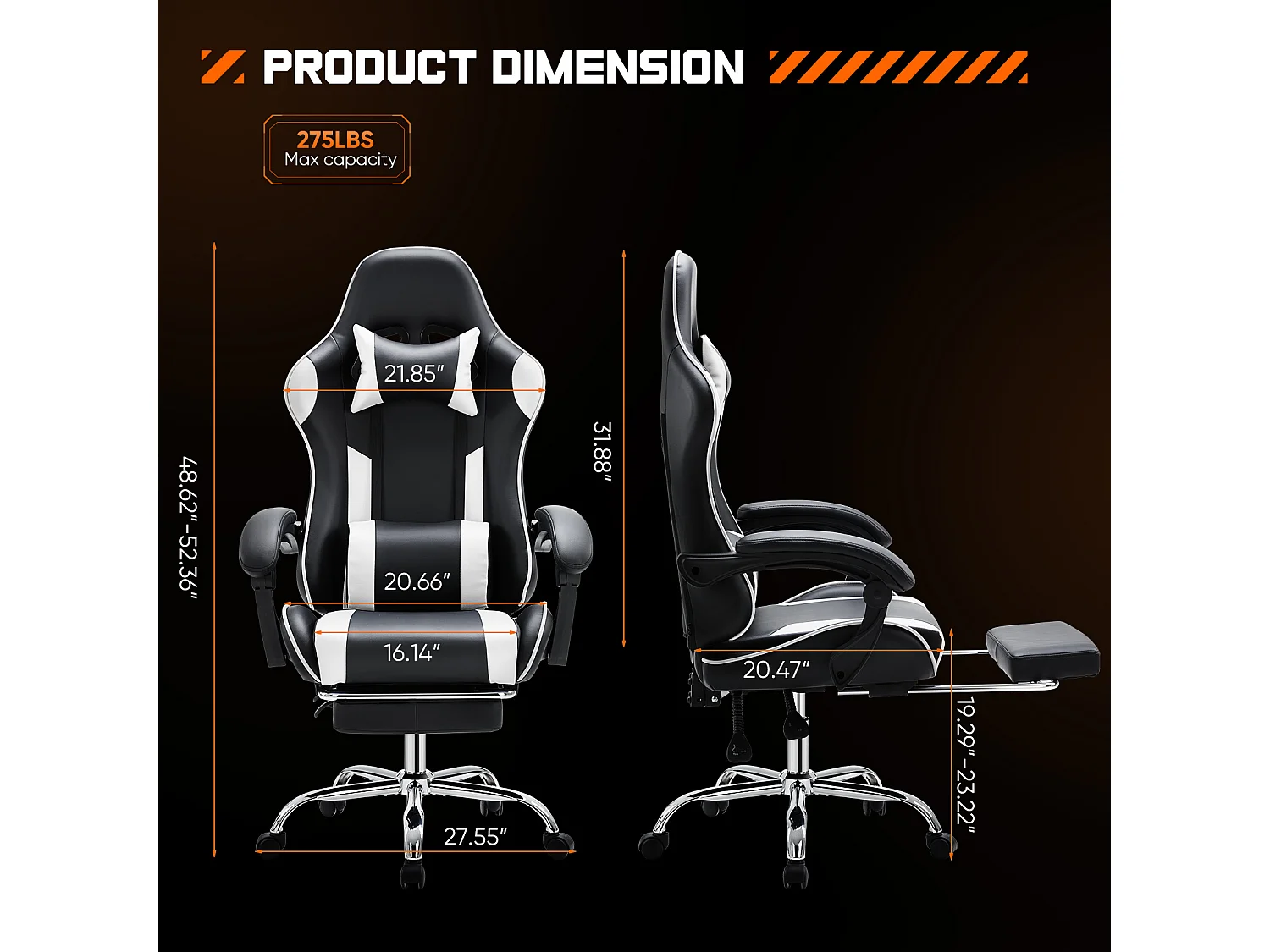 Chaise de jeu ,Chaise de bureau avec repose-pieds et soutien lombaire confortable,Ergonomique,Fauteuil inclinable avec appui-tête,Cuir PU,Blanc,Noir
