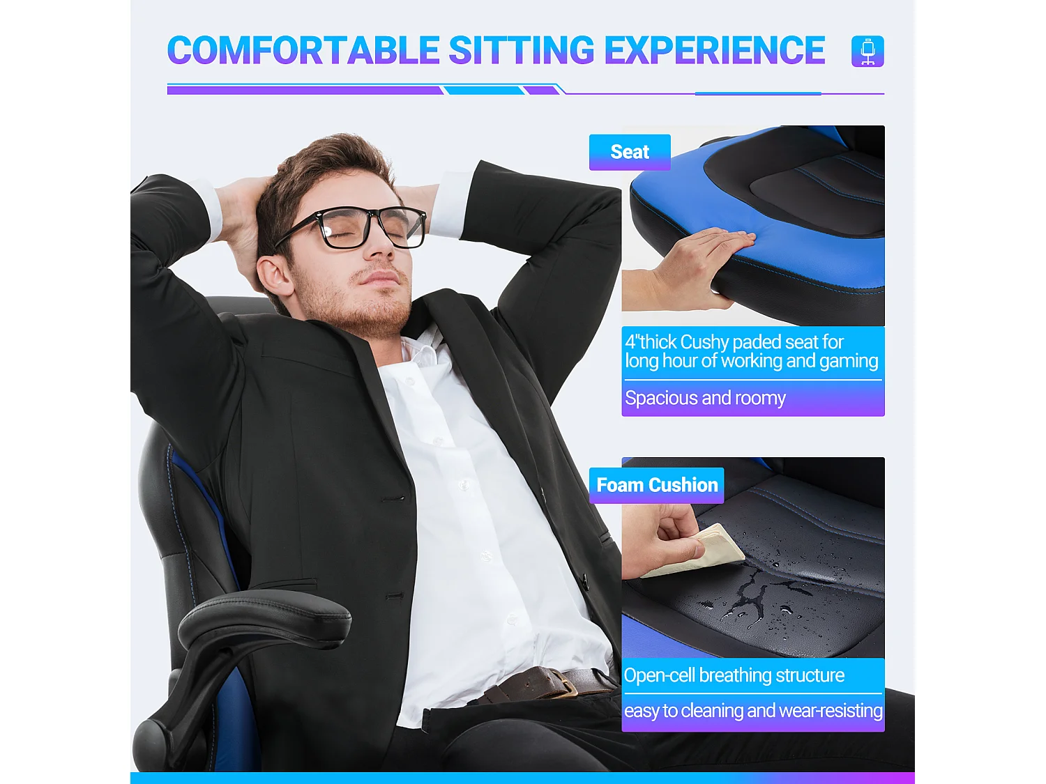 Chaise d'ordinateur,Chaise de bureau pivotante avec support lombaire,Ergonomique,Cuir de PU,Bleu,Noir