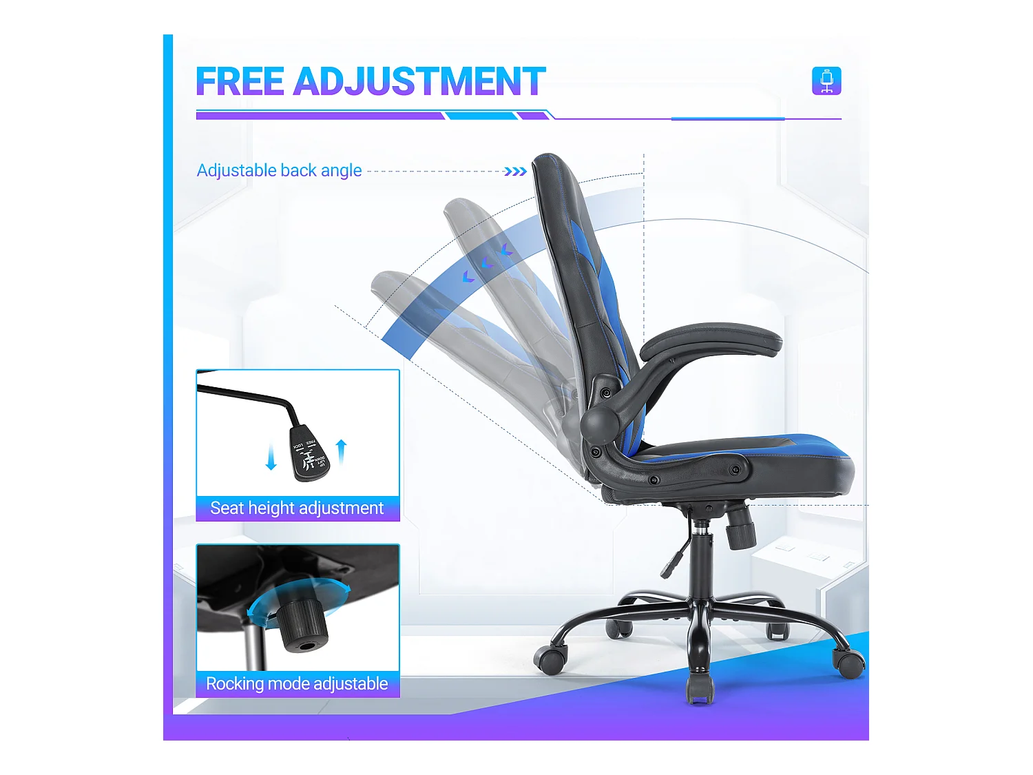 Chaise d'ordinateur,Chaise de bureau pivotante avec support lombaire,Ergonomique,Cuir de PU,Bleu,Noir