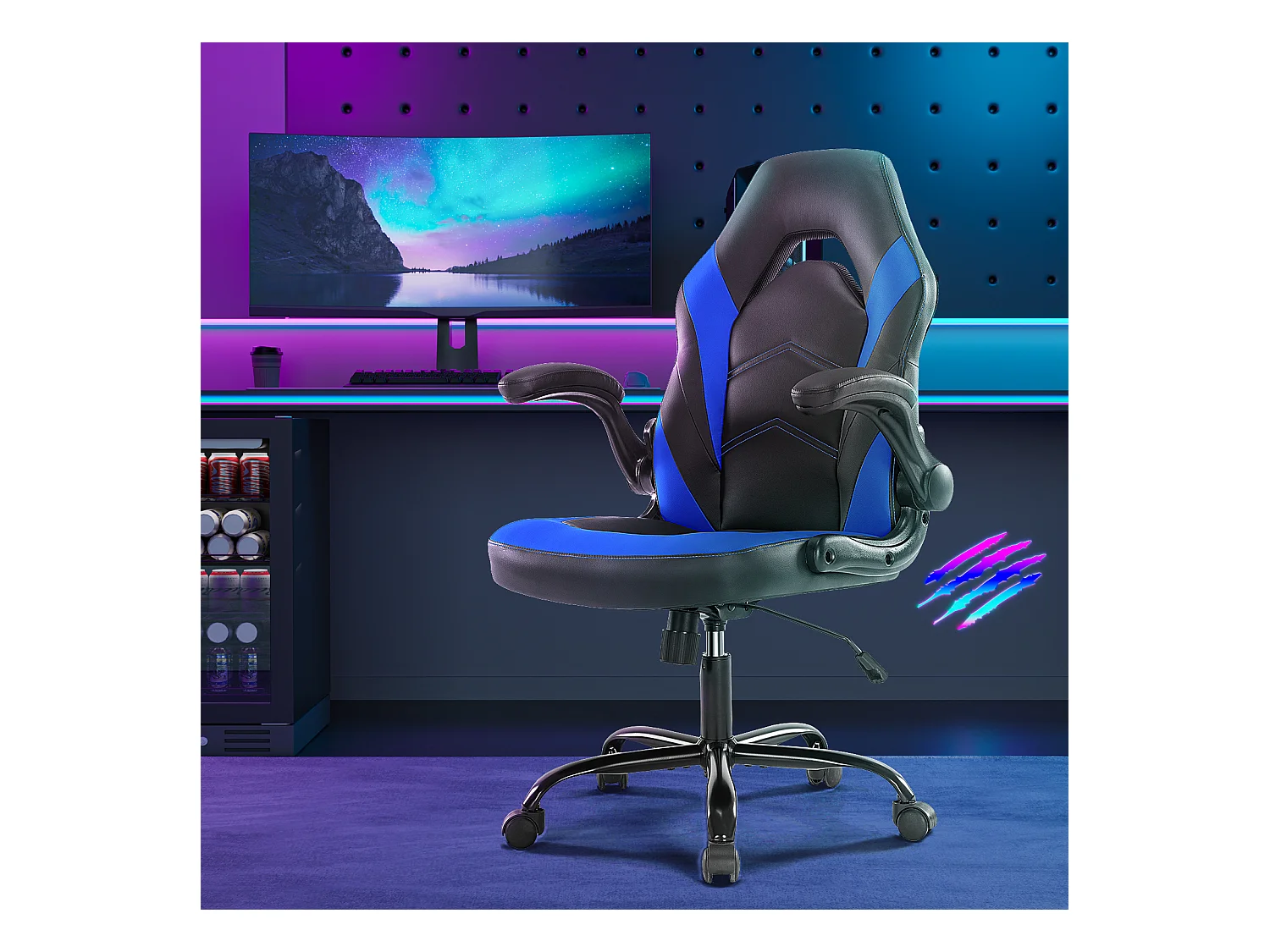 Gaming stoel,Bureaustoel met lendensteun,Ergonomisch,PU leer,Blauw,Zwart