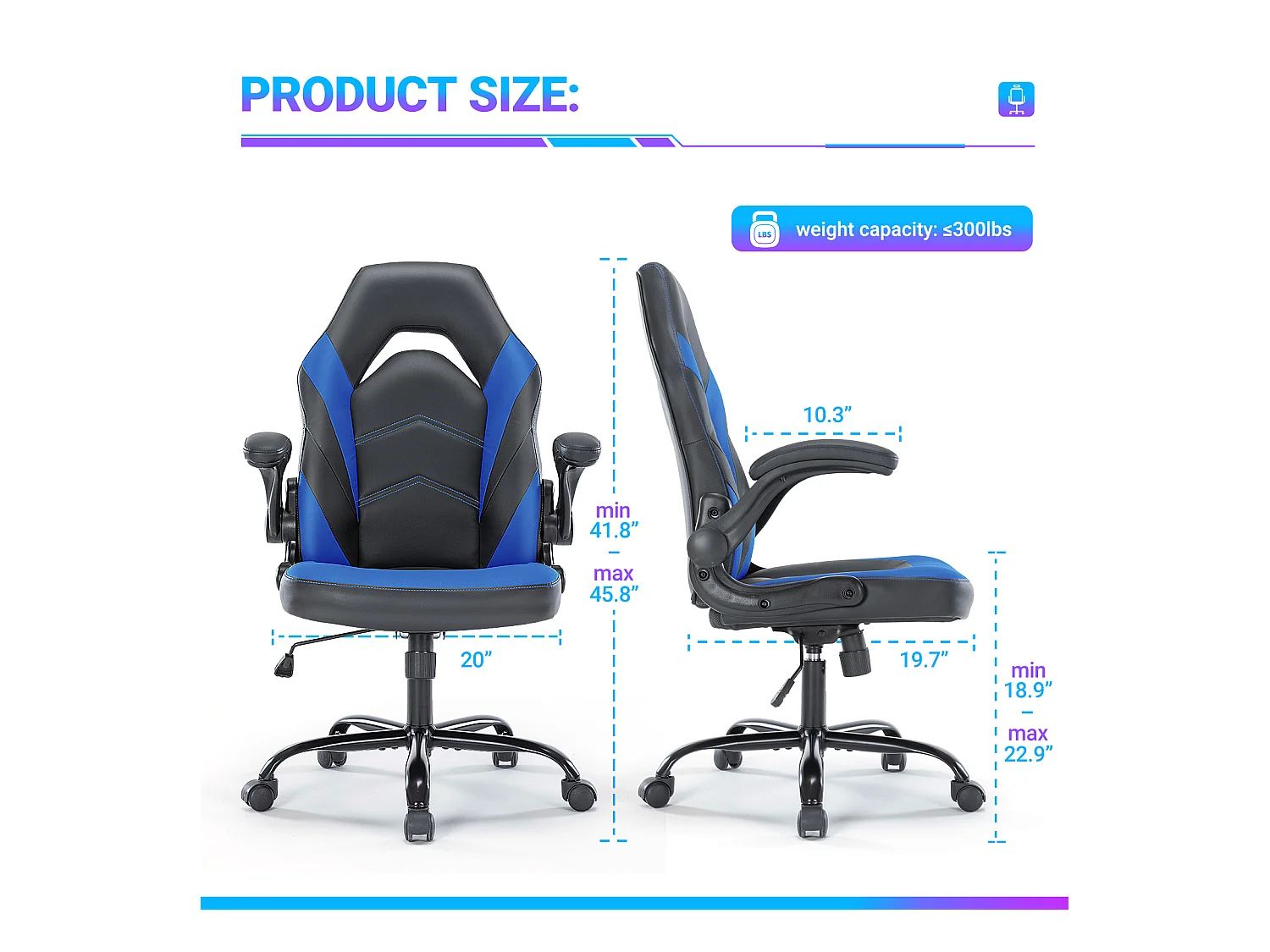 Gaming stoel,Bureaustoel met lendensteun,Ergonomisch,PU leer,Blauw,Zwart