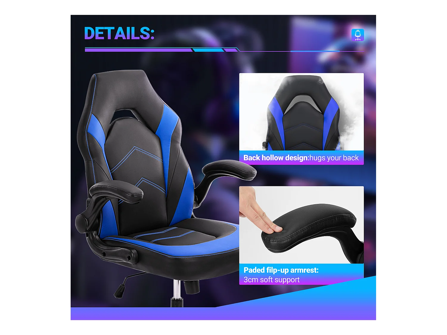 Gaming stoel,Bureaustoel met lendensteun,Ergonomisch,PU leer,Blauw,Zwart