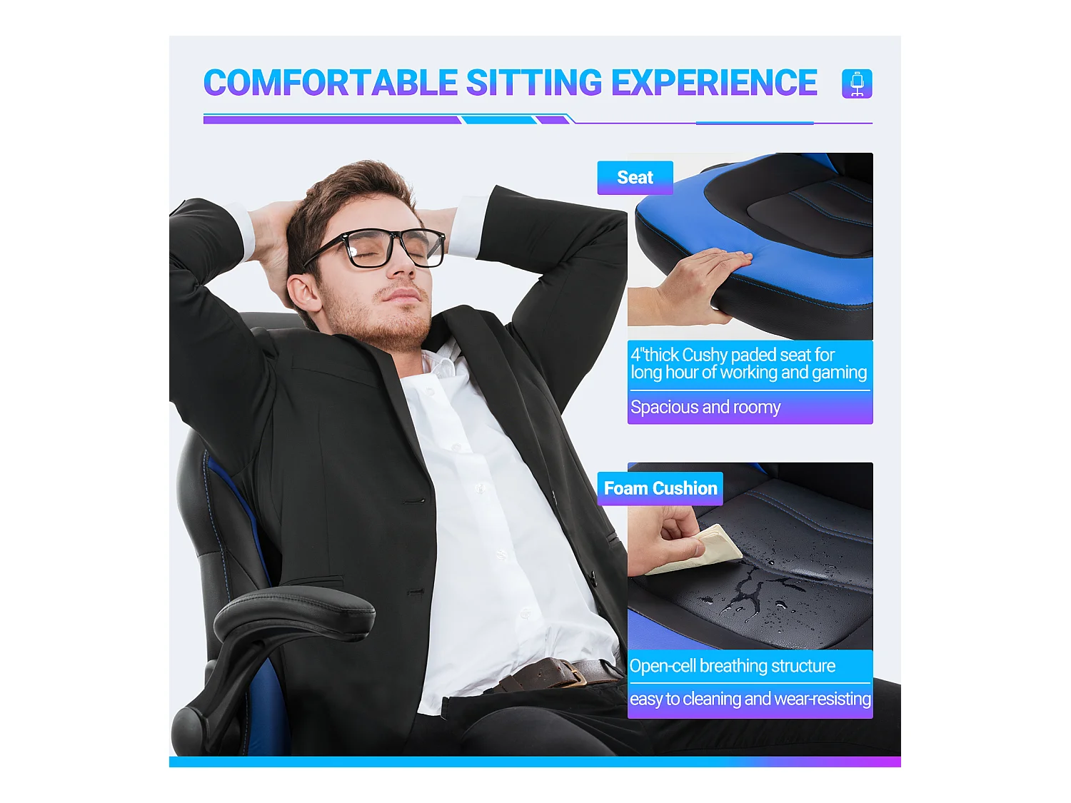 Gaming stoel,Bureaustoel met lendensteun,Ergonomisch,PU leer,Blauw,Zwart