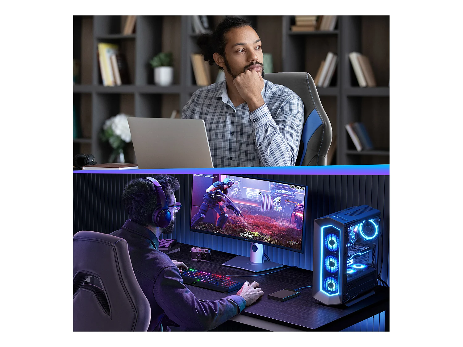 Gaming stoel,Bureaustoel met lendensteun,Ergonomisch,PU leer,Blauw,Zwart