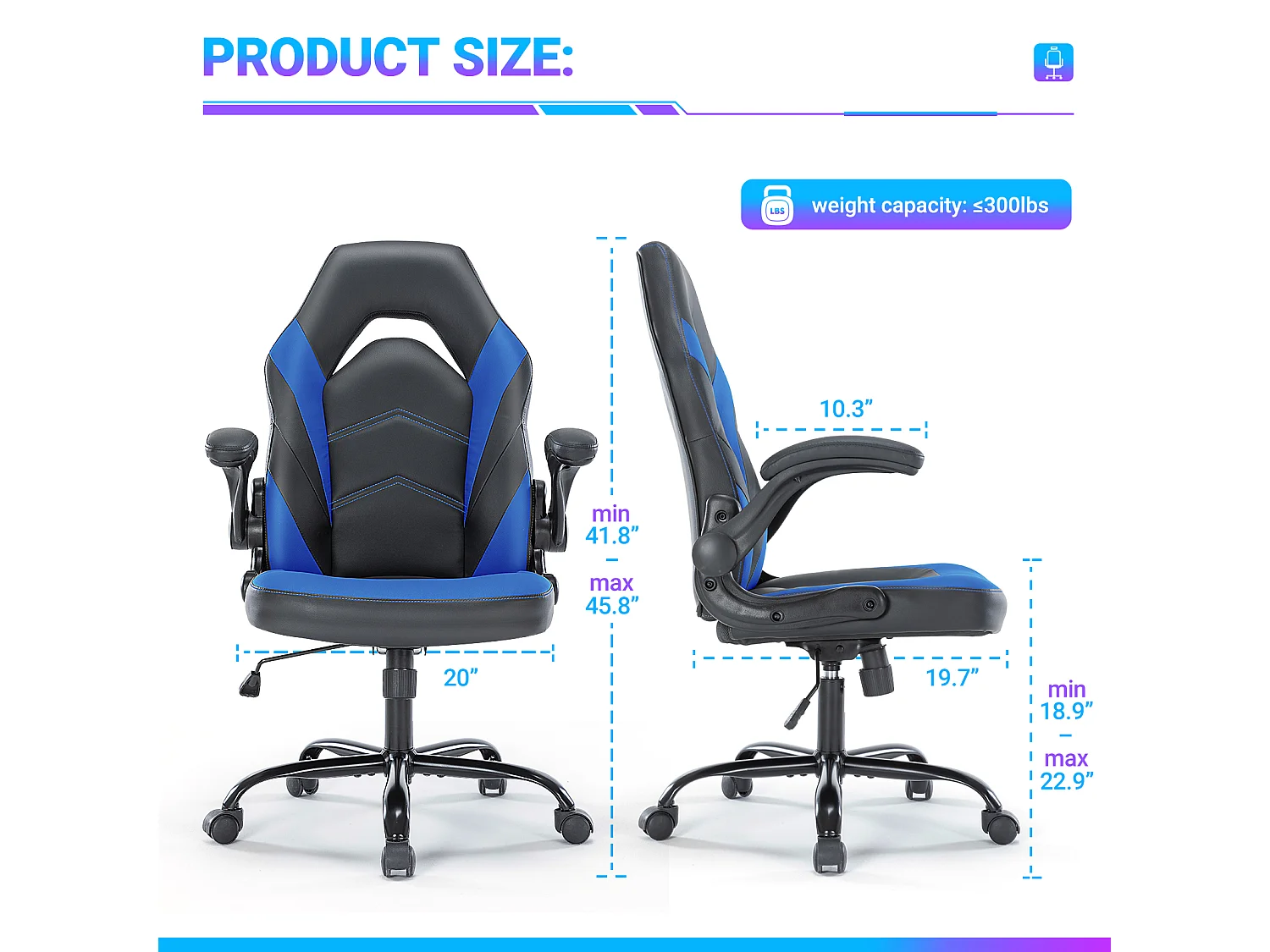 Gaming stoel,Bureaustoel met lendensteun,Ergonomisch,PU leer,Blauw,Zwart