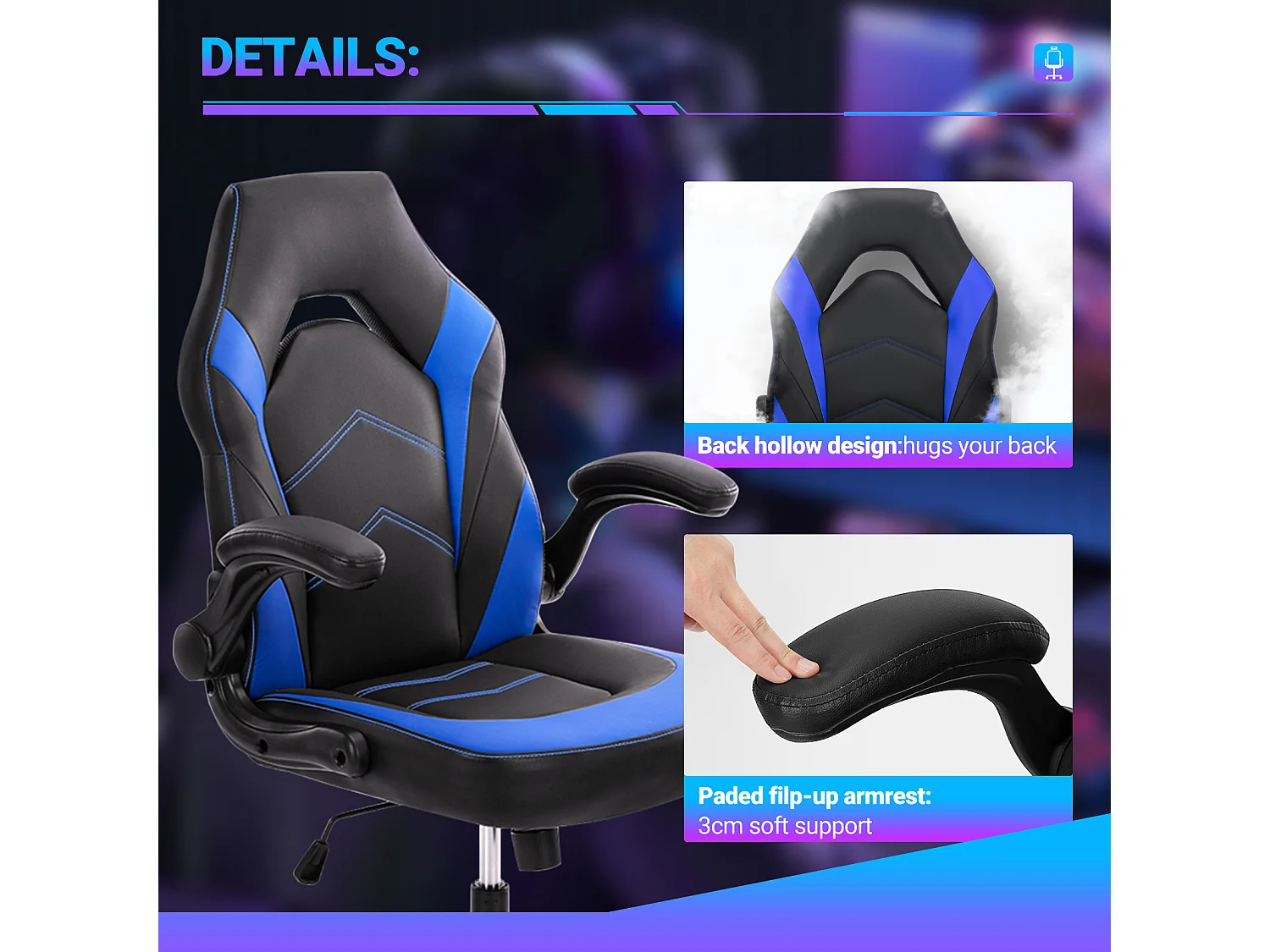 Gaming stoel,Bureaustoel met lendensteun,Ergonomisch,PU leer,Blauw,Zwart