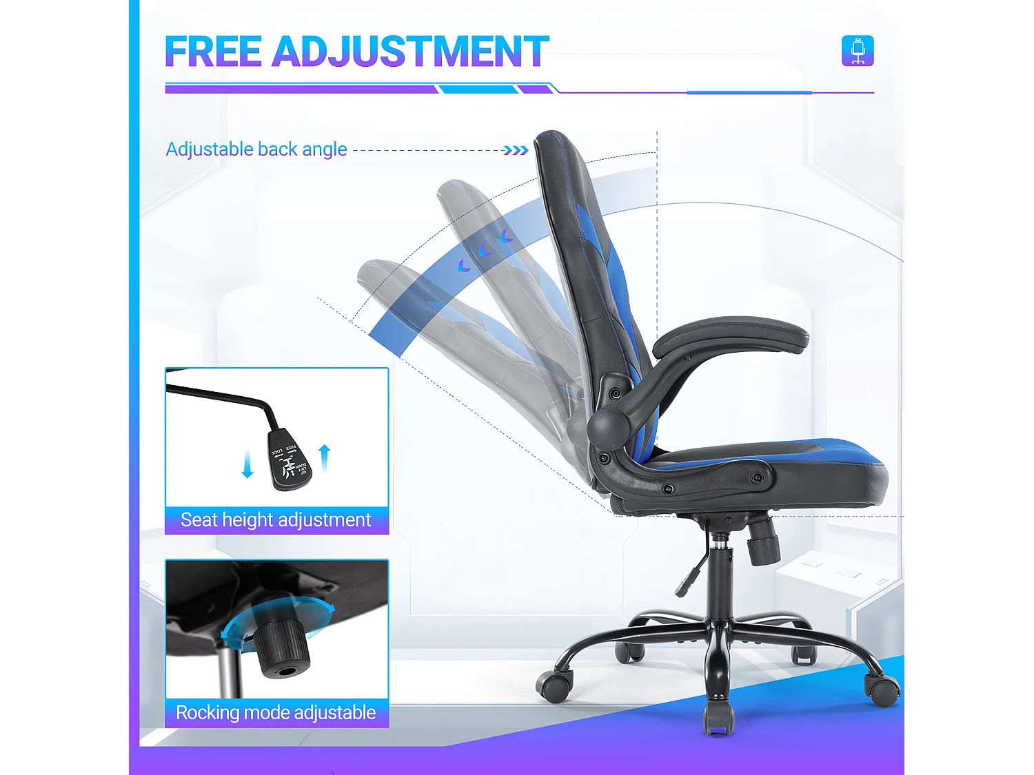 Gaming stoel,Bureaustoel met lendensteun,Ergonomisch,PU leer,Blauw,Zwart