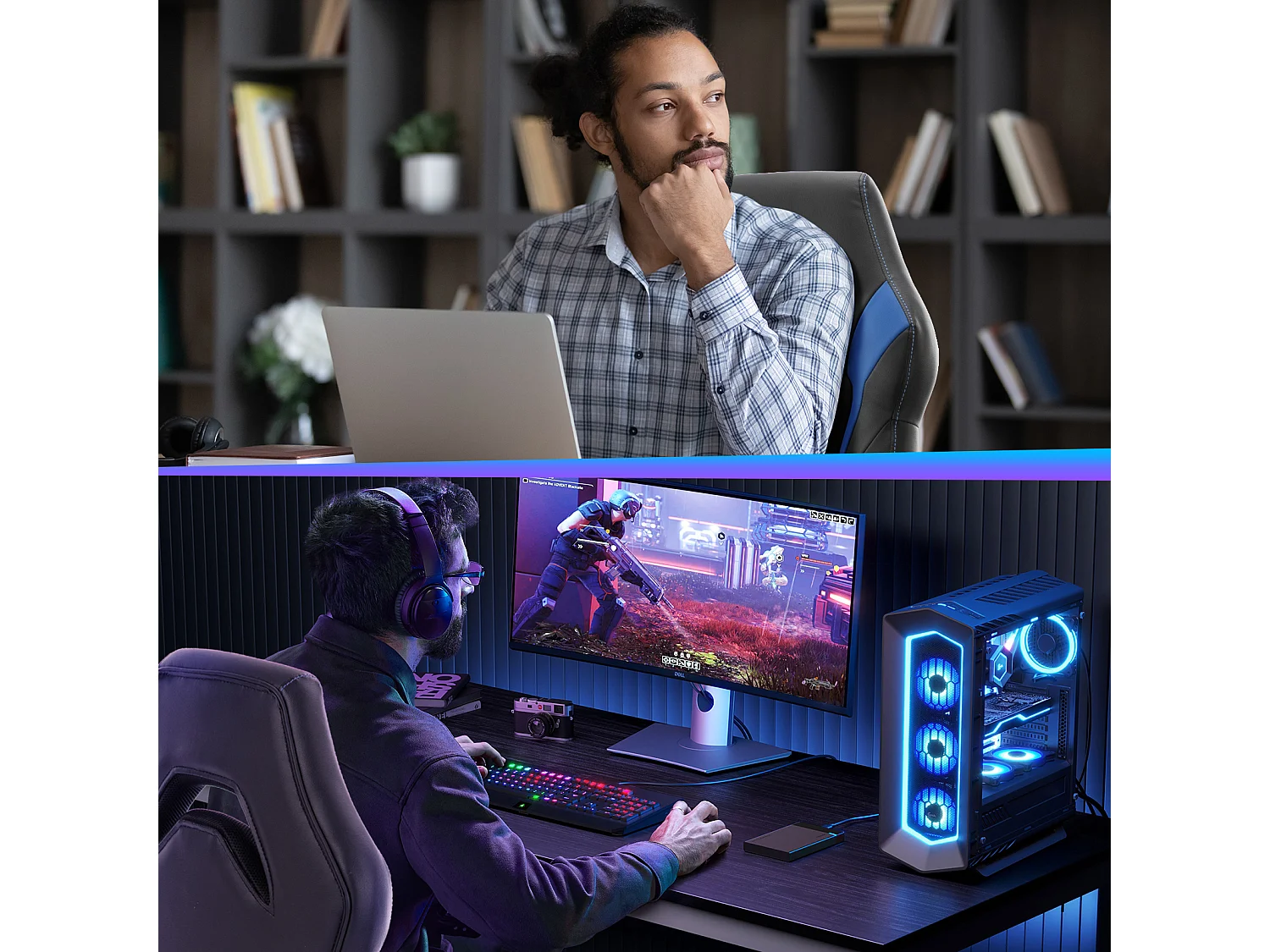 Gaming stoel,Bureaustoel met lendensteun,Ergonomisch,PU leer,Blauw,Zwart