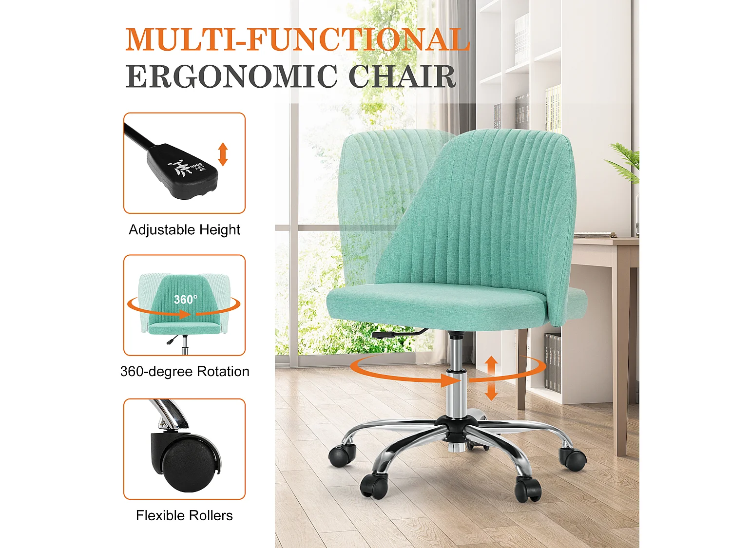 Chaises de bureau pivotantes,Sans accoudoirs,Chaises de bureau réglables avec roulettes,Tissu,Vert