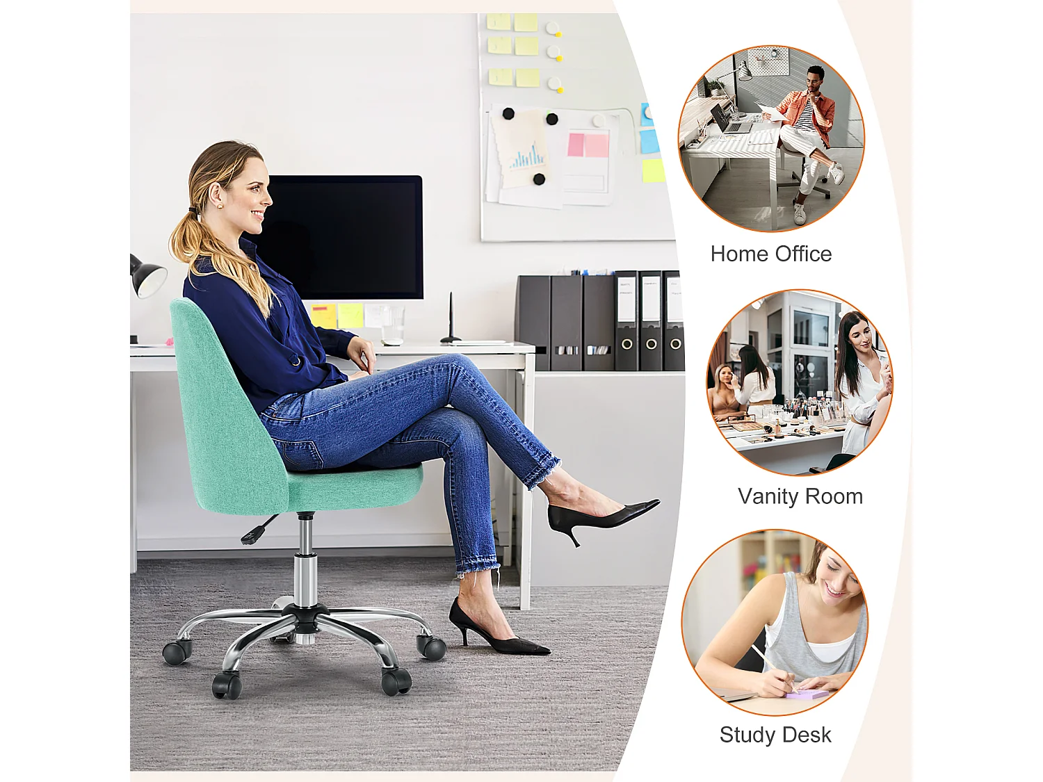 Chaises de bureau pivotantes,Sans accoudoirs,Chaises de bureau réglables avec roulettes,Tissu,Vert