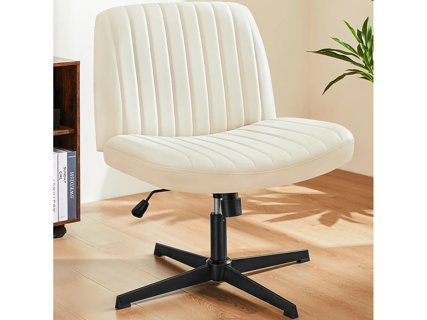 Bureaustoel, Cross-Legged stoel, zonder wielen Armless Swivel Home Office Chair, PU, wit