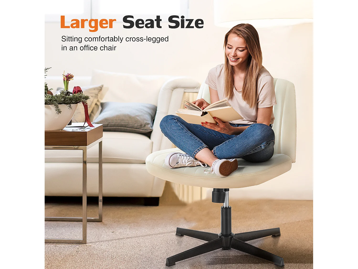 Bureaustoel, Cross-Legged stoel, zonder wielen Armless Swivel Home Office Chair, PU, wit
