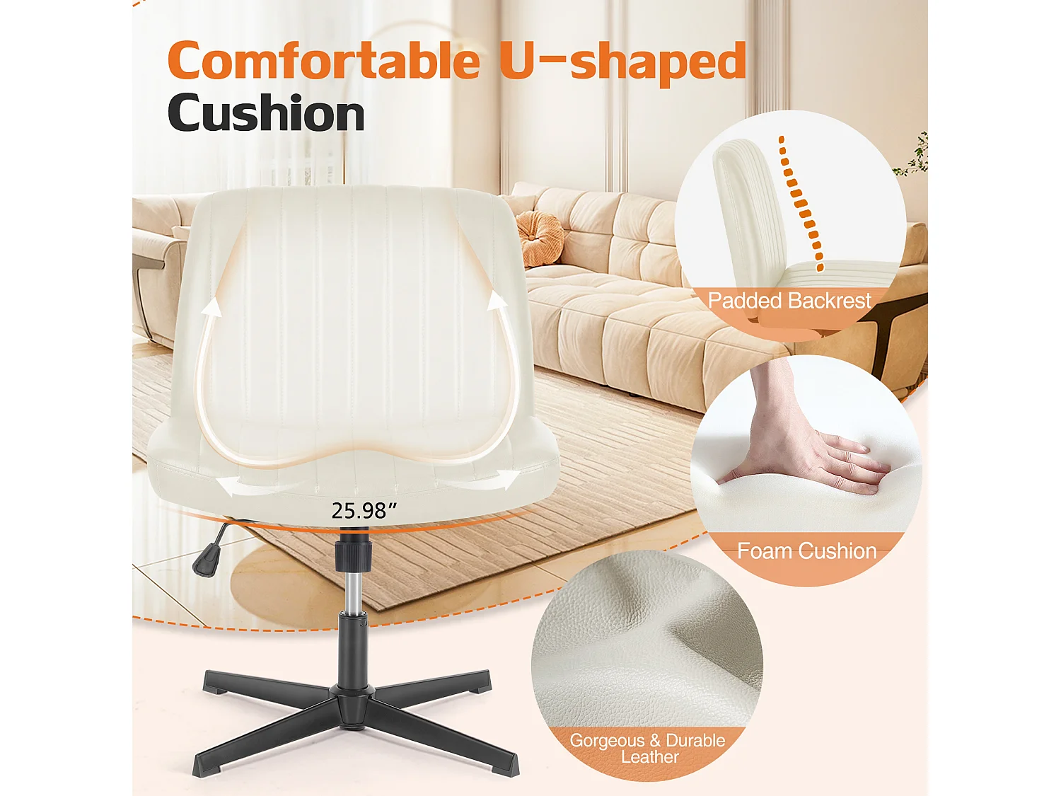 Bureaustoel, Cross-Legged stoel, zonder wielen Armless Swivel Home Office Chair, PU, wit