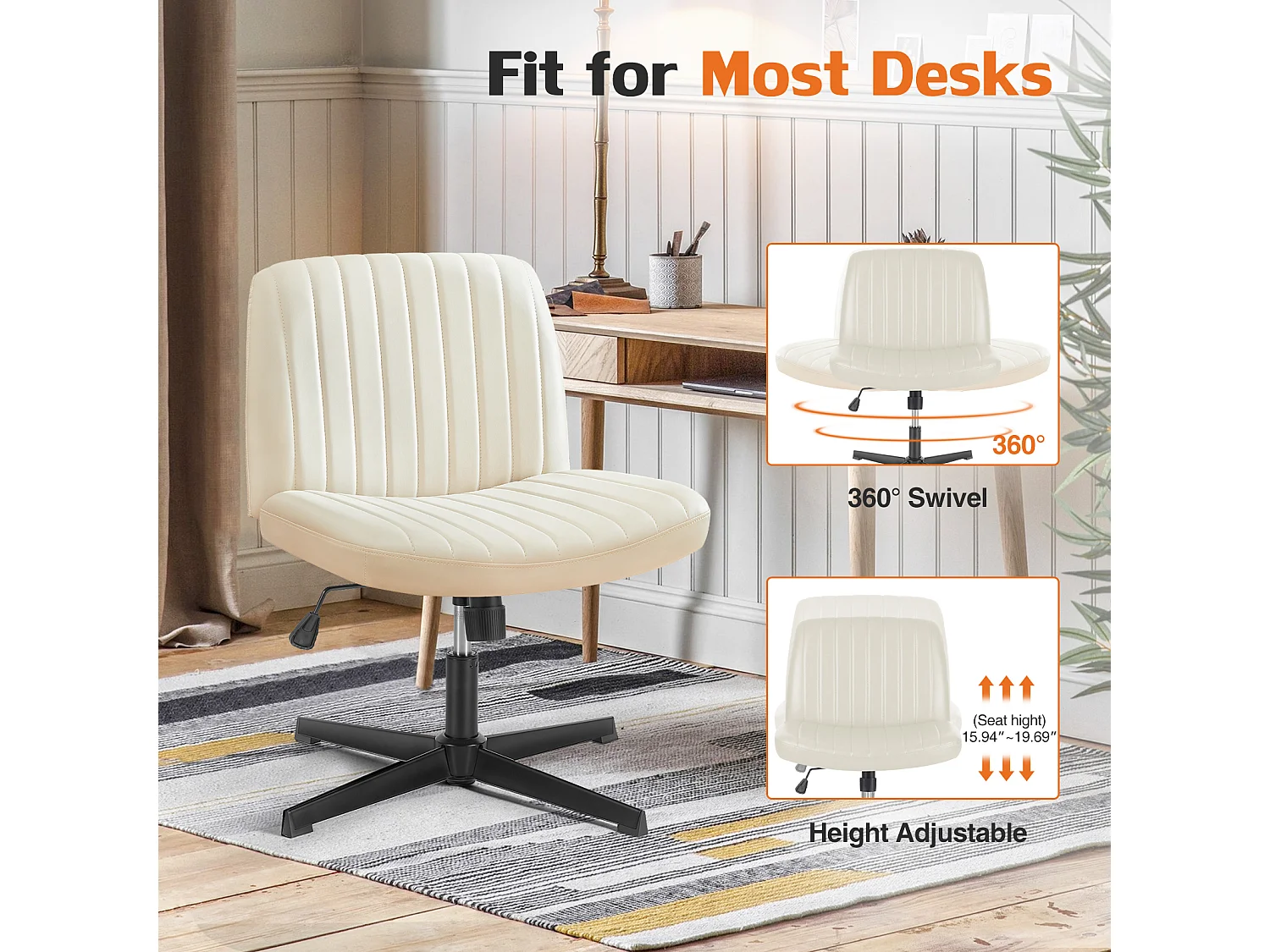 Bureaustoel, Cross-Legged stoel, zonder wielen Armless Swivel Home Office Chair, PU, wit