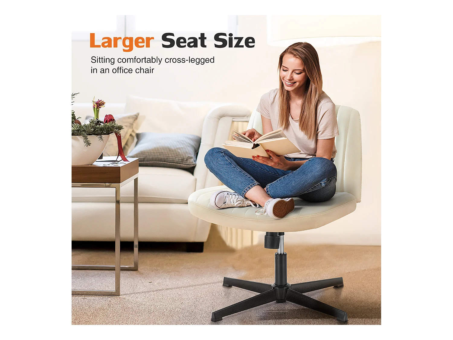Bureaustoel, Cross-Legged stoel, zonder wielen Armless Swivel Home Office Chair, PU, wit