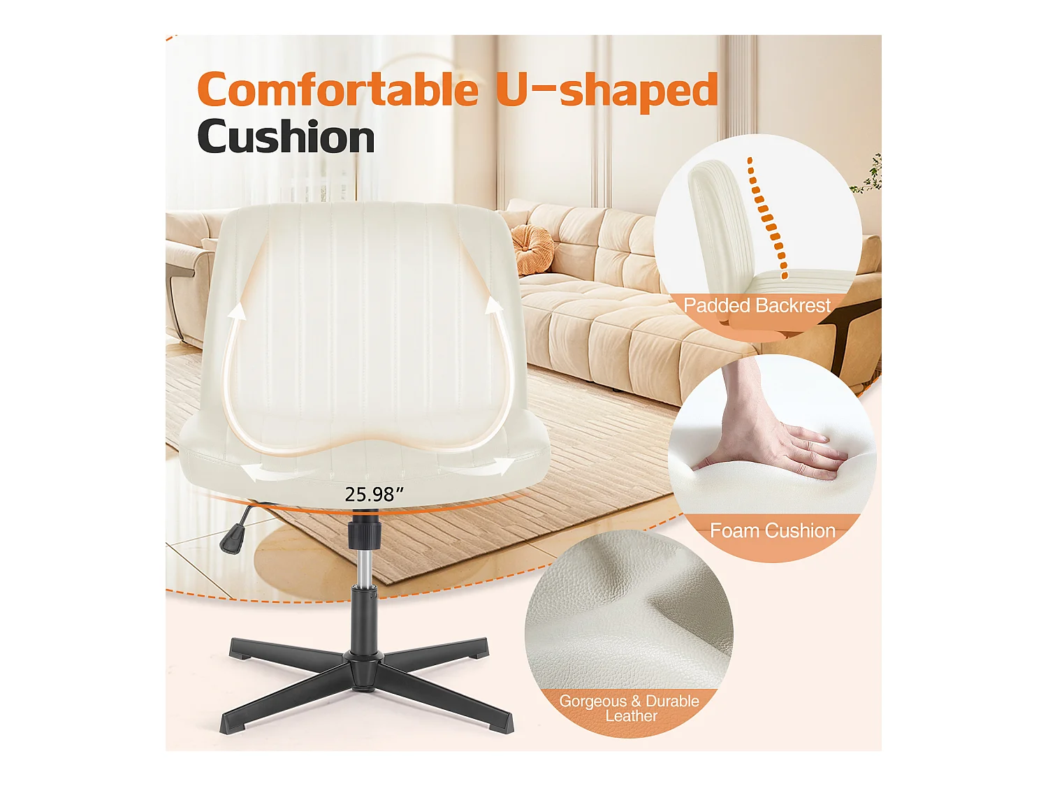 Bureaustoel, Cross-Legged stoel, zonder wielen Armless Swivel Home Office Chair, PU, wit