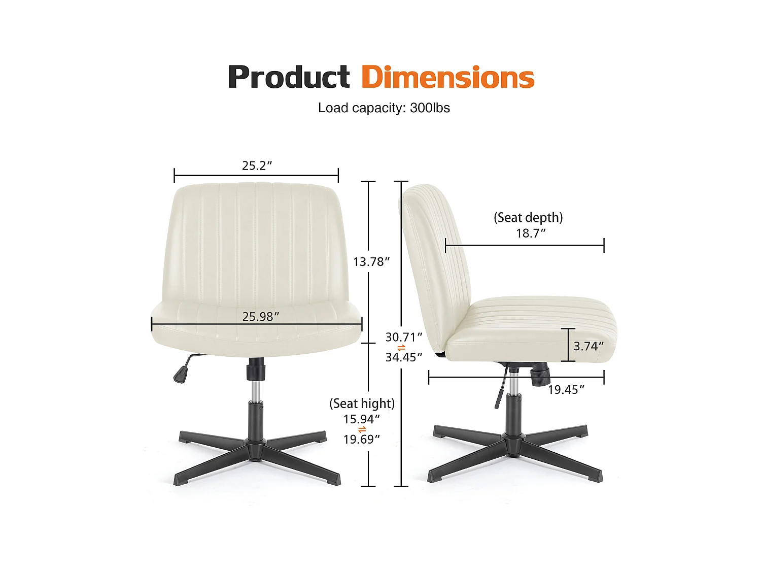 Bureaustoel, Cross-Legged stoel, zonder wielen Armless Swivel Home Office Chair, PU, wit