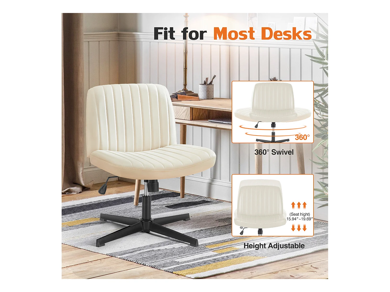 Bureaustoel, Cross-Legged stoel, zonder wielen Armless Swivel Home Office Chair, PU, wit