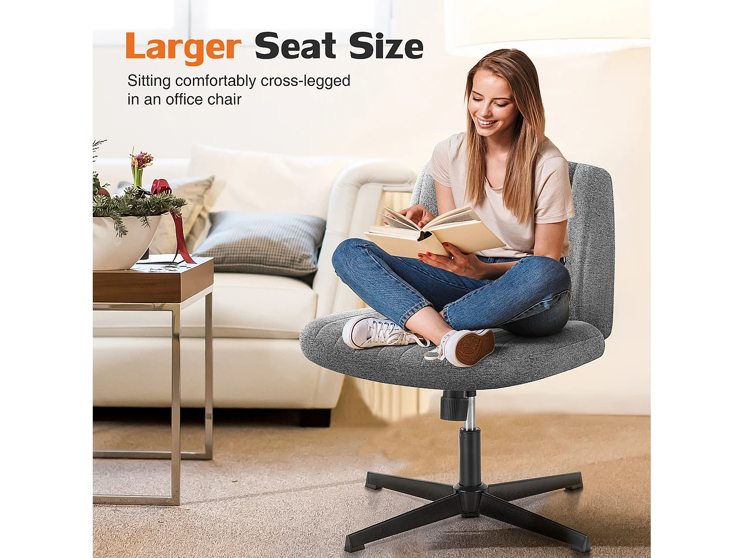 Bureaustoel, Cross-Legged stoel, zonder wielen Armless Swivel Home Office Chair, stof, grijs