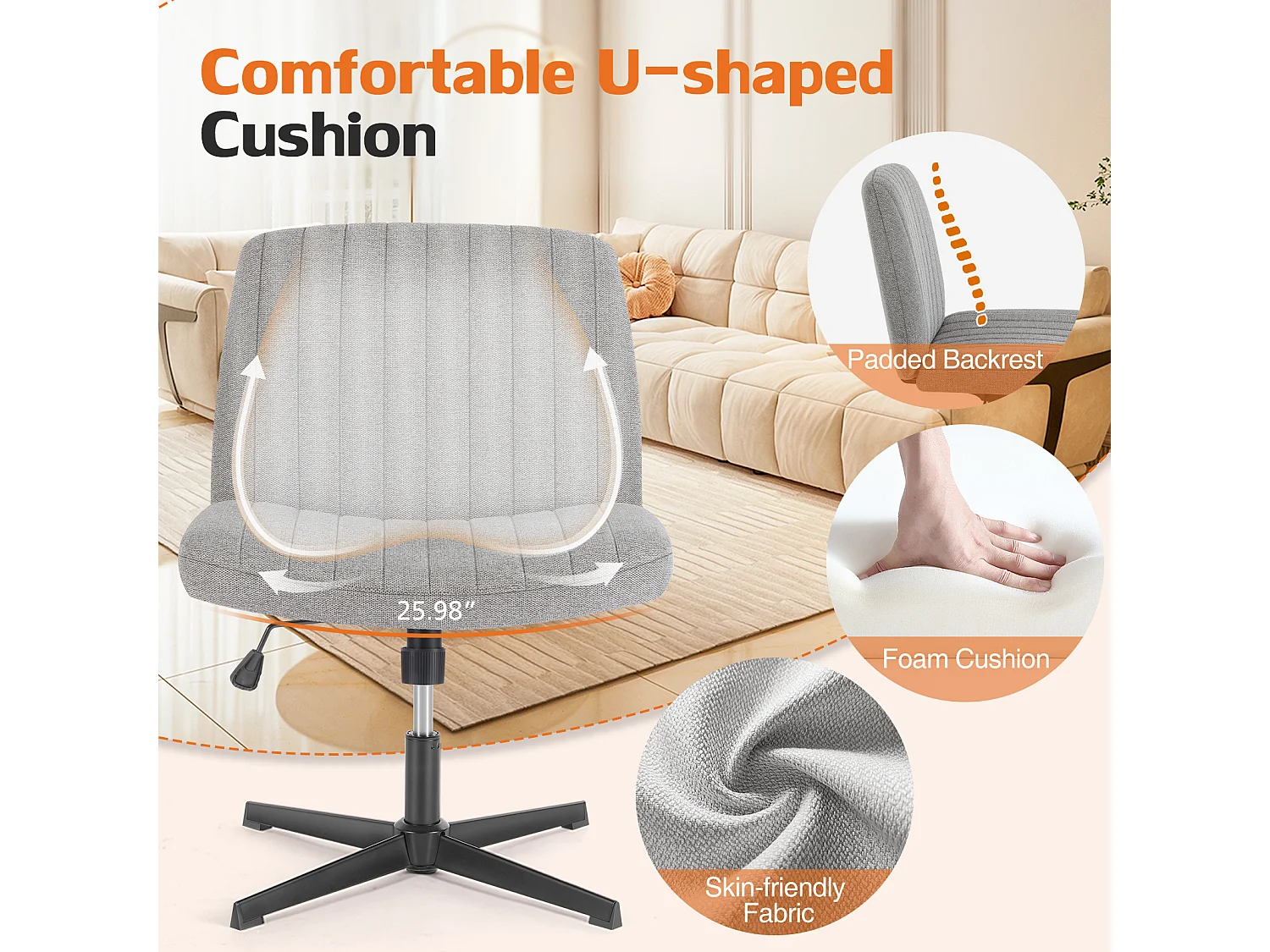 Bureaustoel, Cross-Legged stoel, zonder wielen Armless Swivel Home Office Chair, stof, grijs