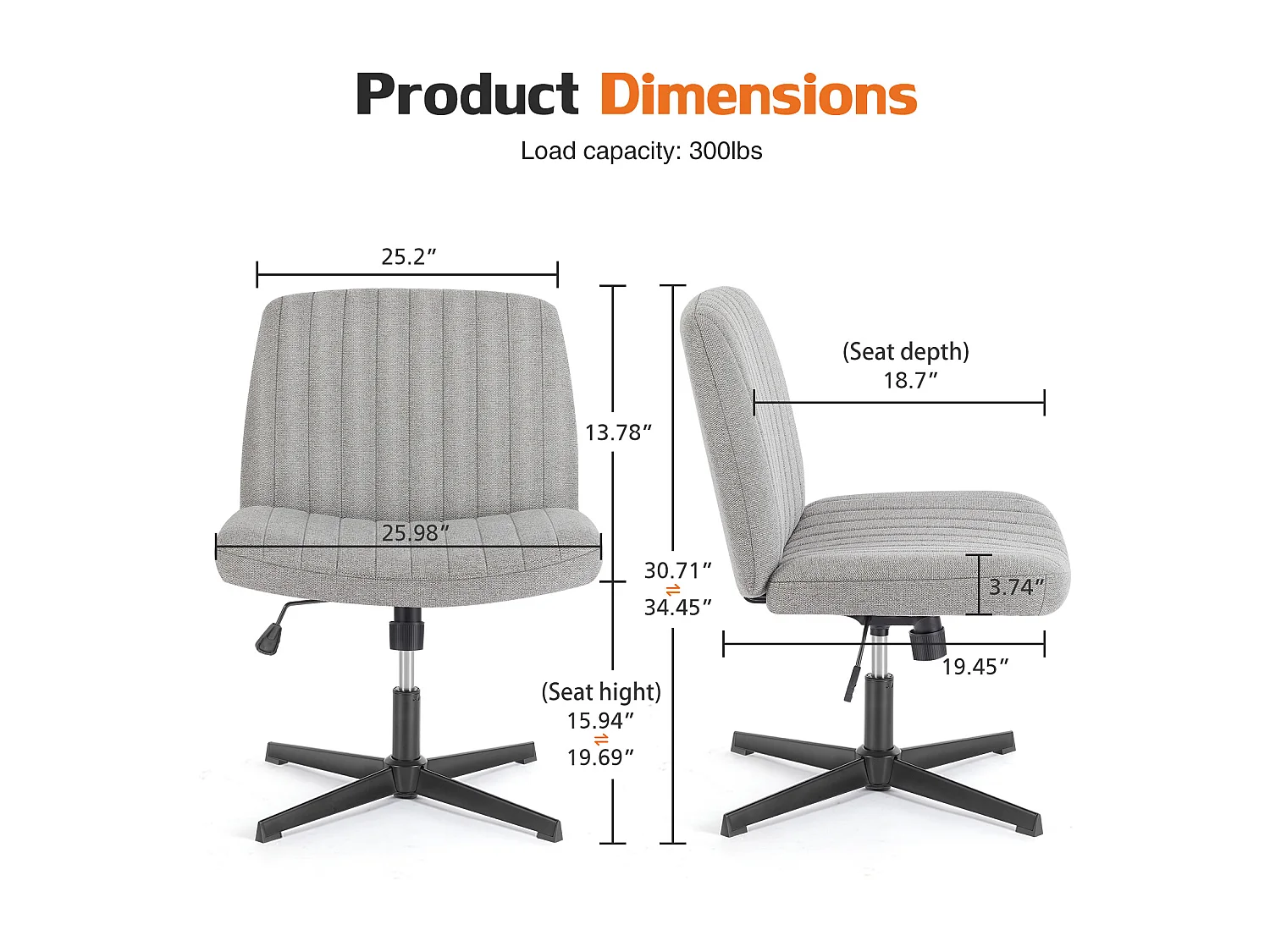 Bureaustoel, Cross-Legged stoel, zonder wielen Armless Swivel Home Office Chair, stof, grijs