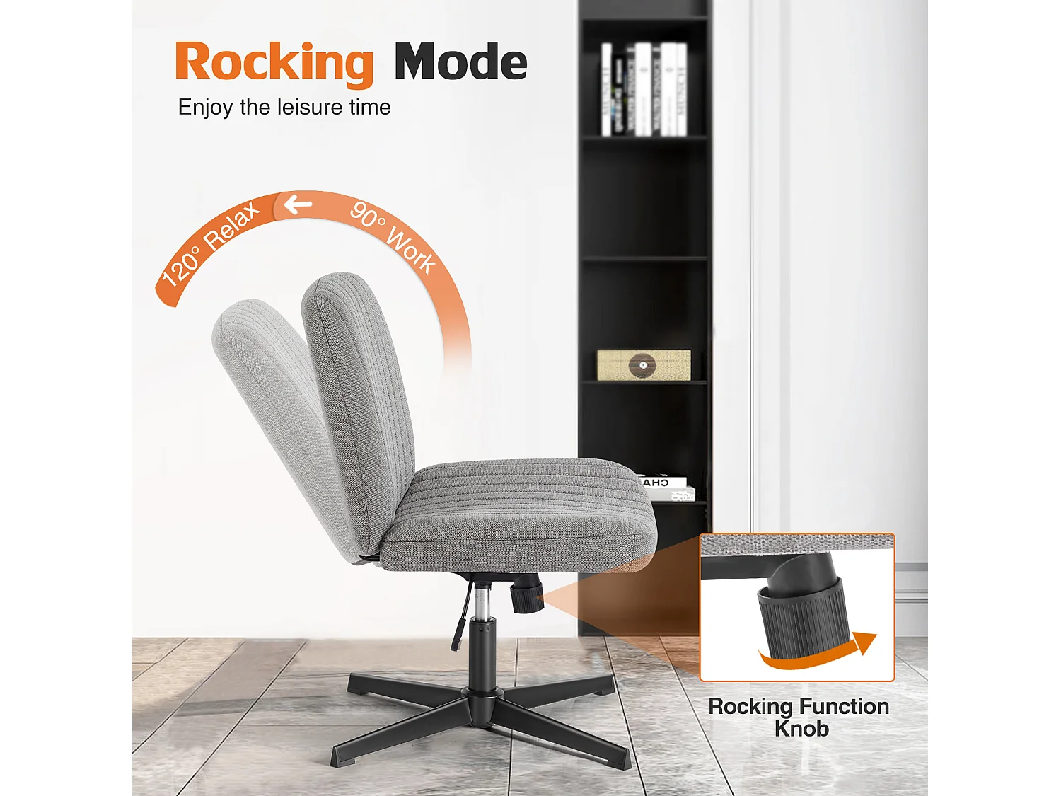 Bureaustoel, Cross-Legged stoel, zonder wielen Armless Swivel Home Office Chair, stof, grijs