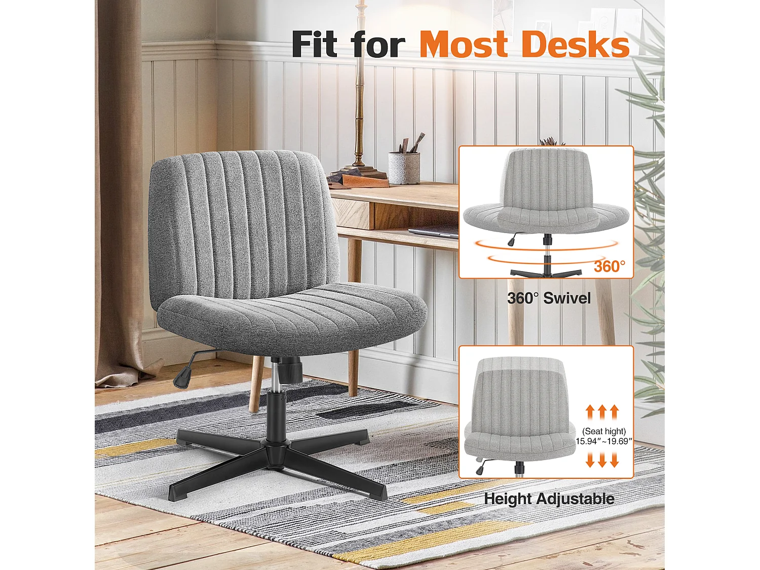 Chaise de bureau,Chaise à pieds croisés,Chaise de bureau pivotante sans bras,tissu,Gris