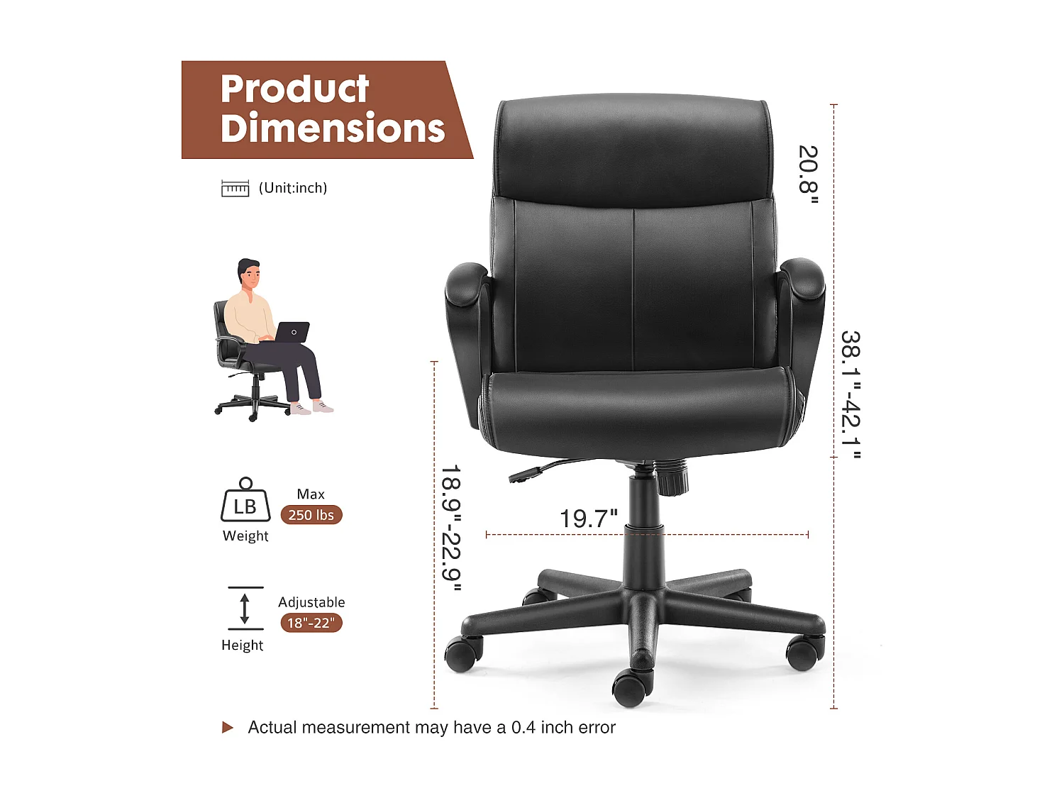 Chaise de bureau d'ordinateur avec support lombaire, réglable, accoudoir rembourré, pivotant, noir