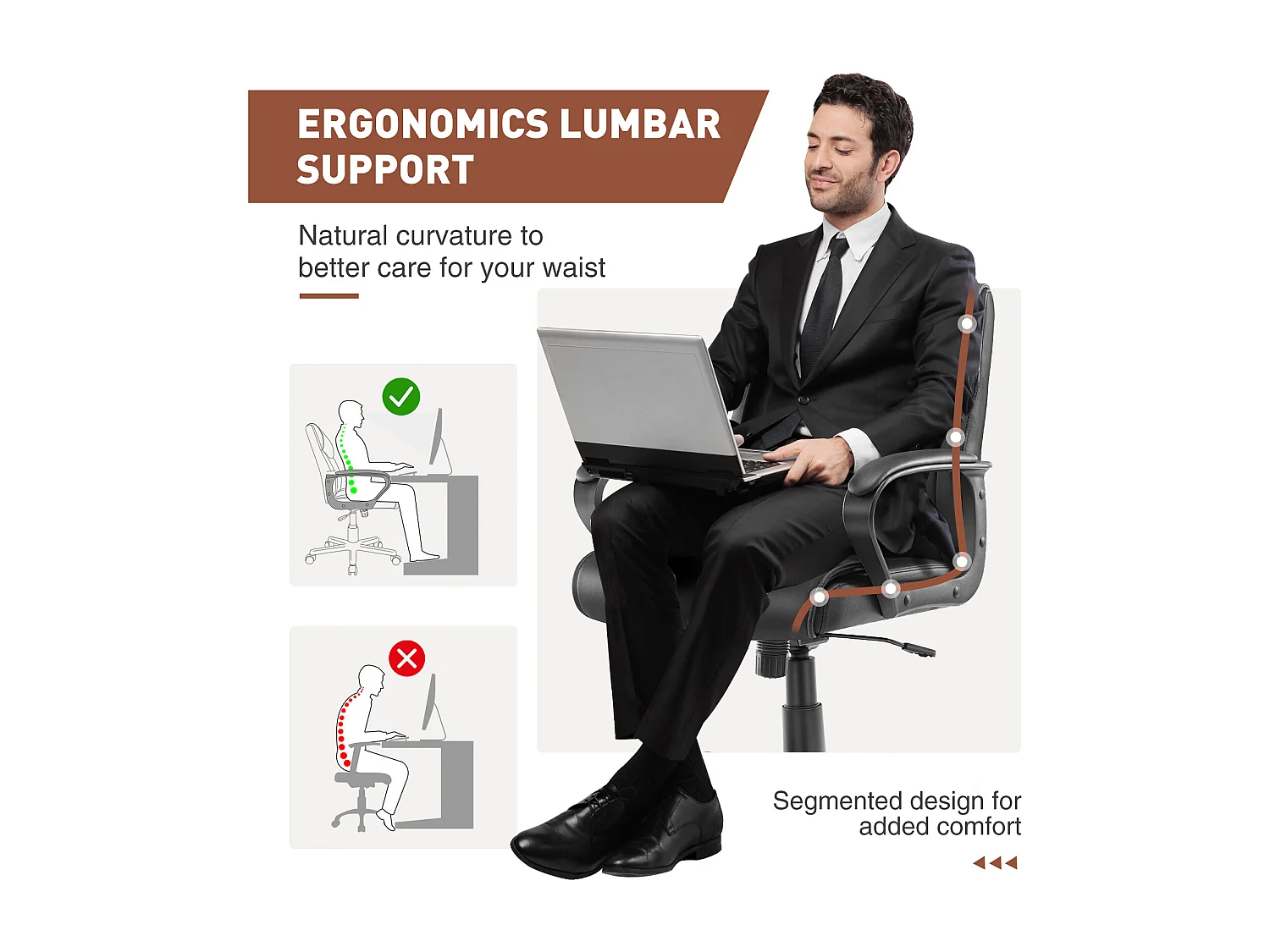 Chaise de bureau d'ordinateur avec support lombaire, réglable, accoudoir rembourré, pivotant, noir