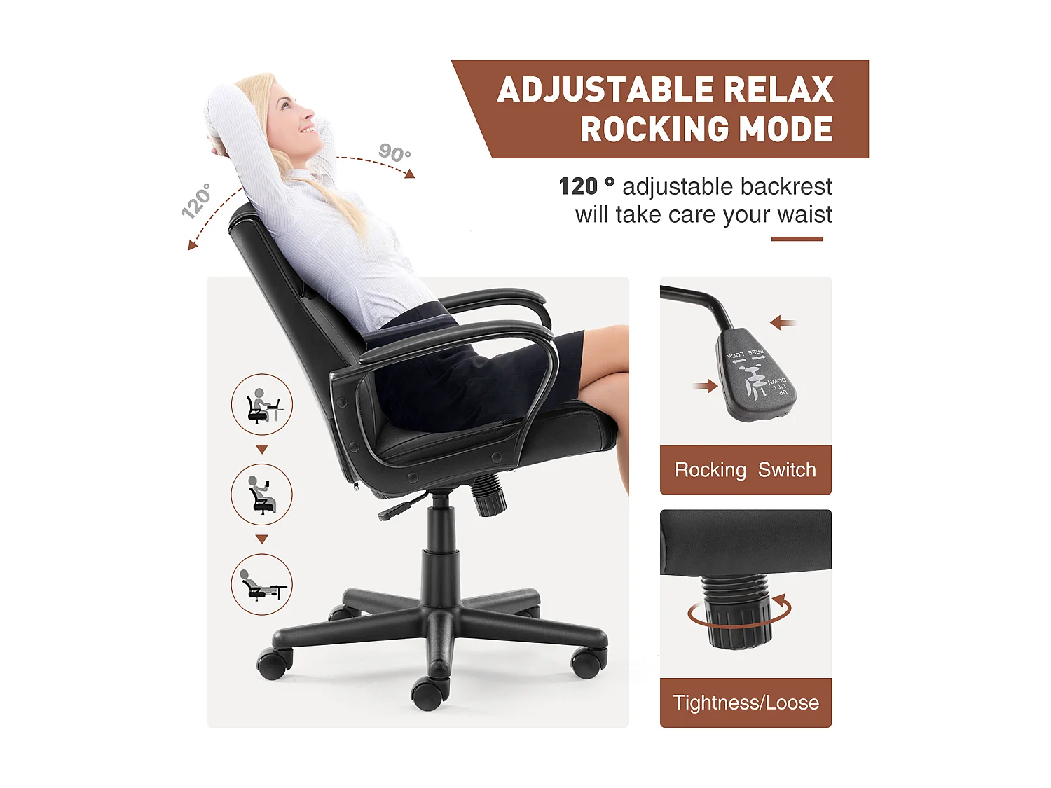 Chaise de bureau d'ordinateur avec support lombaire, réglable, accoudoir rembourré, pivotant, noir