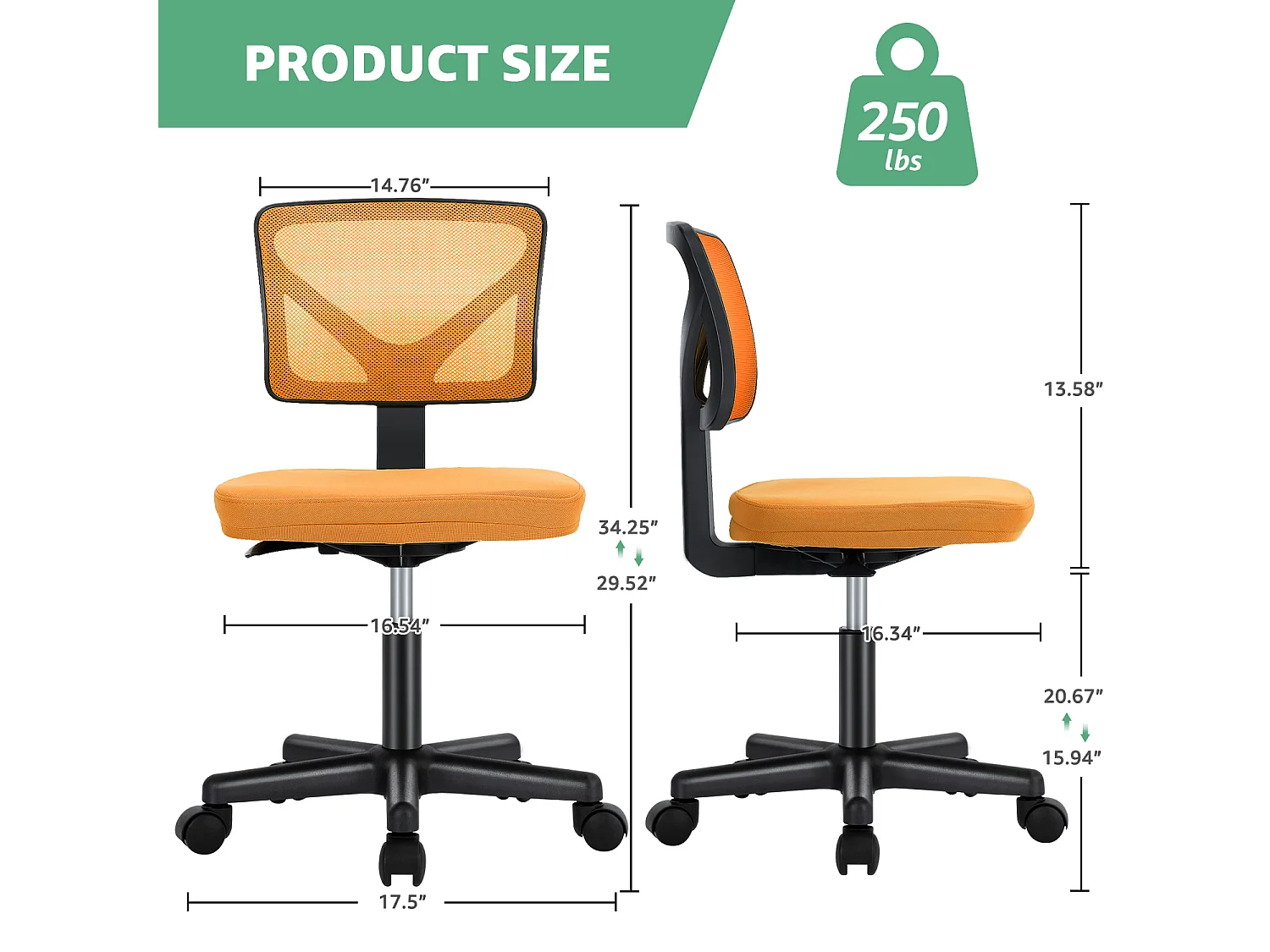 Chaise de bureau,Chaise d'ordinateur pivotante avec support lombaire,sans accoudoir,Low-Back Mesh,Orange
