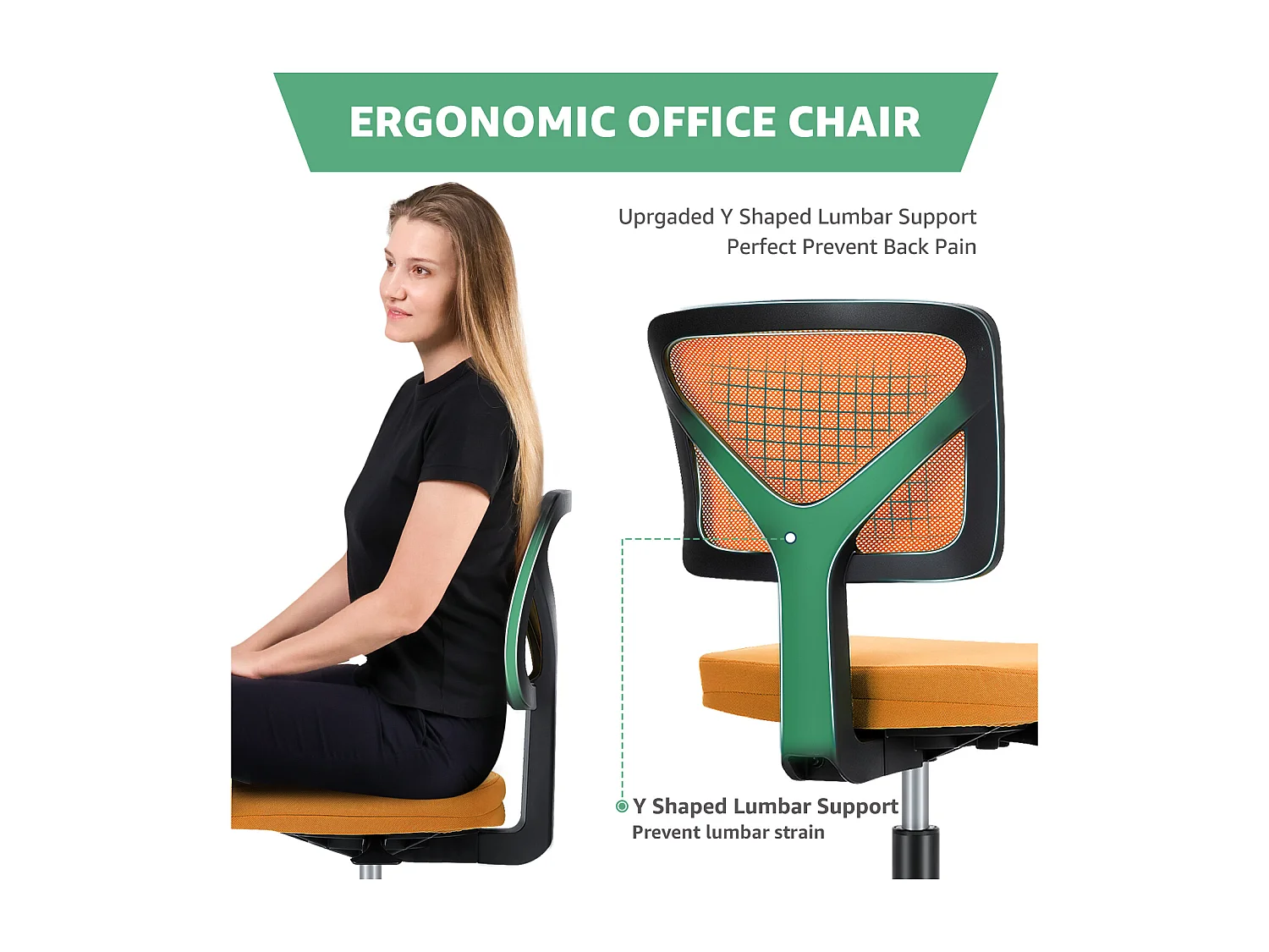 Chaise de bureau,Chaise d'ordinateur pivotante avec support lombaire,sans accoudoir,Low-Back Mesh,Orange