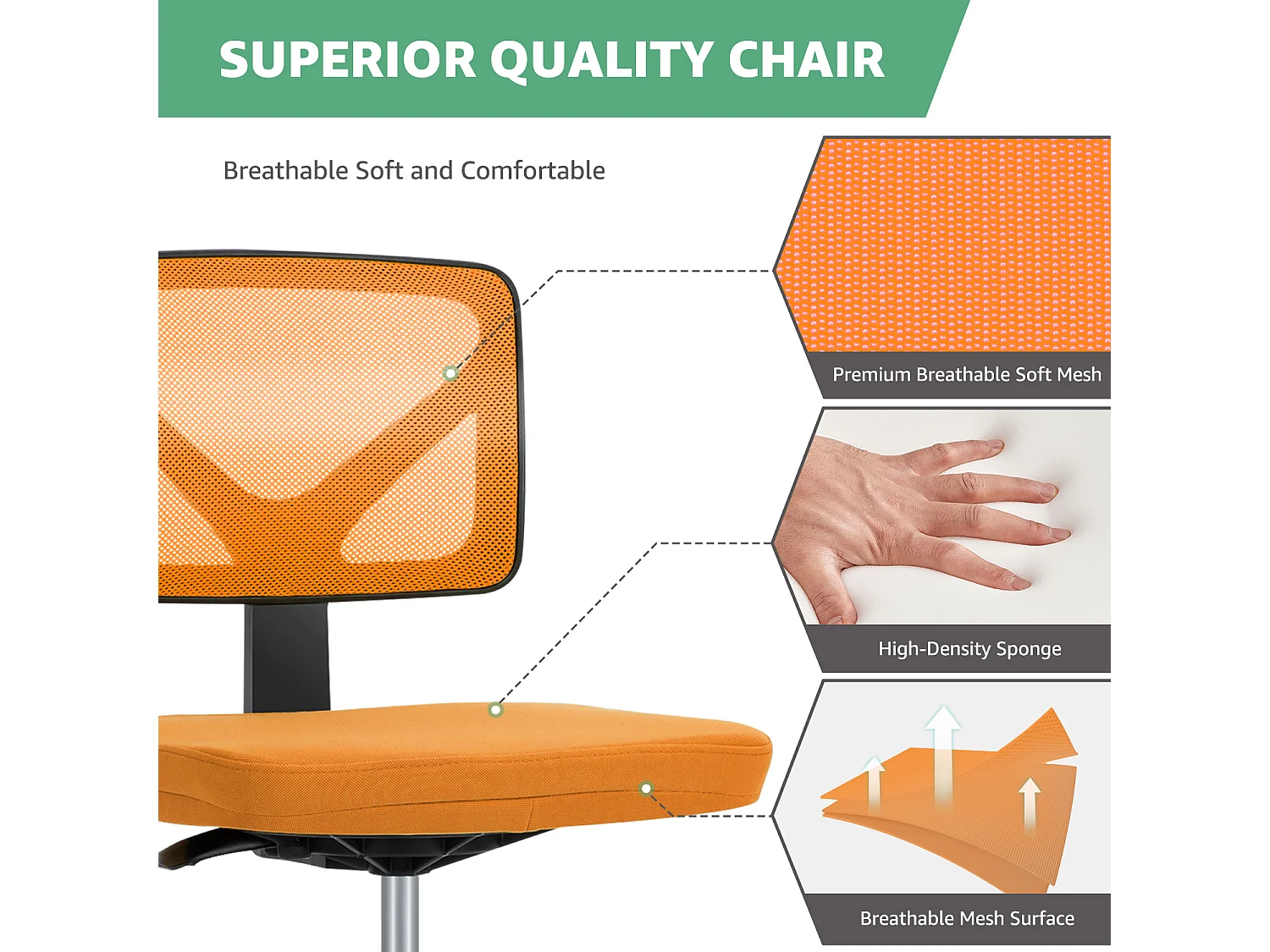 Chaise de bureau,Chaise d'ordinateur pivotante avec support lombaire,sans accoudoir,Low-Back Mesh,Orange
