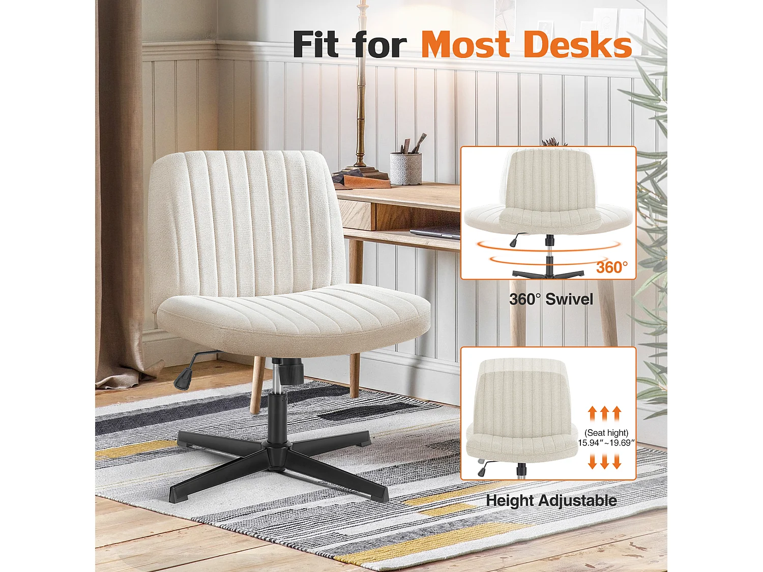 Chaise de bureau,Chaise à pieds croisés,Chaise de bureau sans bras et sans roulettes,tissu,Beige