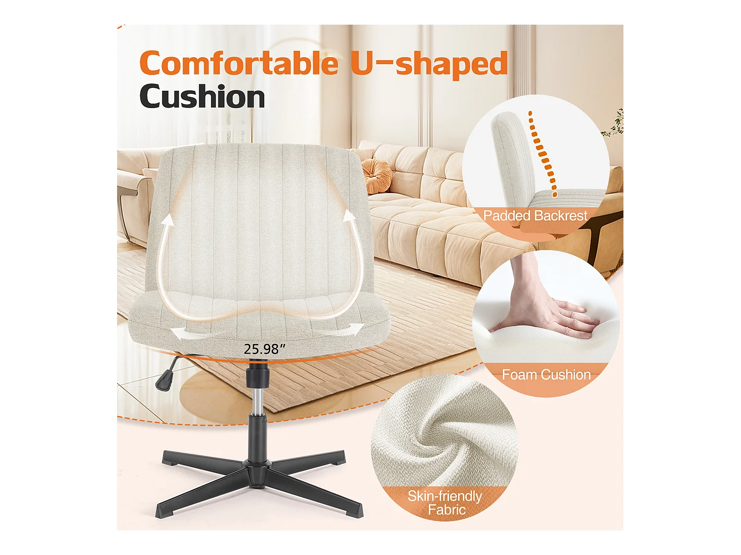 Bureaustoel, Cross-Legged stoel, zonder wielen Armless draaibare Home Office stoel, stof, Beige