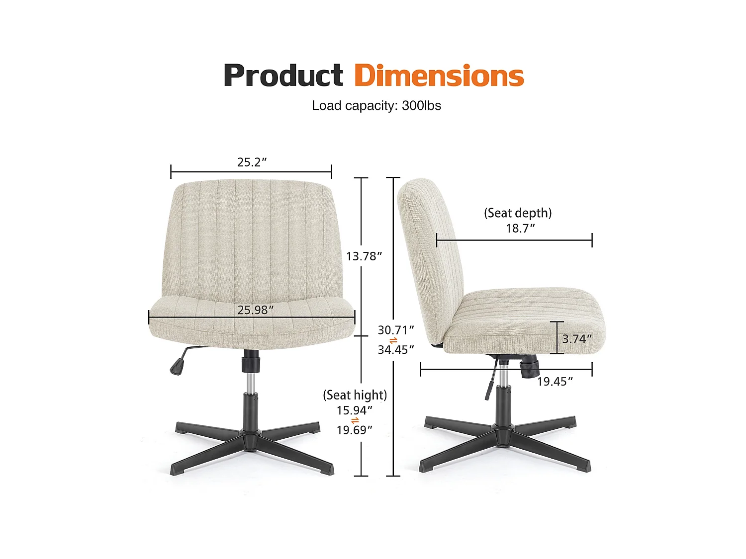 Bureaustoel, Cross-Legged stoel, zonder wielen Armless draaibare Home Office stoel, stof, Beige
