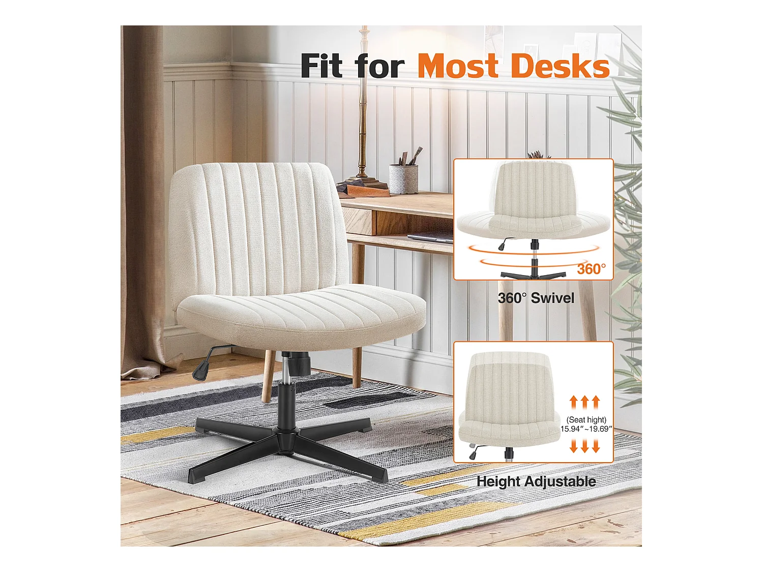 Bureaustoel, Cross-Legged stoel, zonder wielen Armless draaibare Home Office stoel, stof, Beige