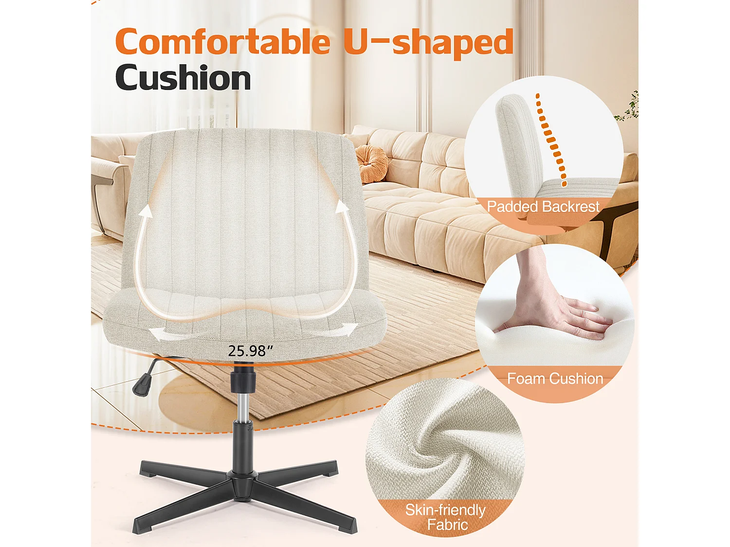 Chaise de bureau,Chaise à pieds croisés,Chaise de bureau sans bras et sans roulettes,tissu,Beige