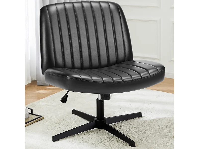 Bureaustoel, Cross-Legged stoel, zonder wielen Armless Swivel Home Office Chair, PU, zwart