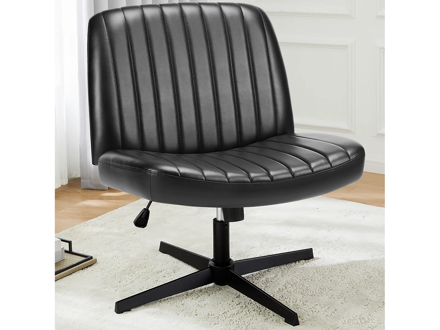 Bureaustoel, Cross-Legged stoel, zonder wielen Armless Swivel Home Office Chair, PU, zwart