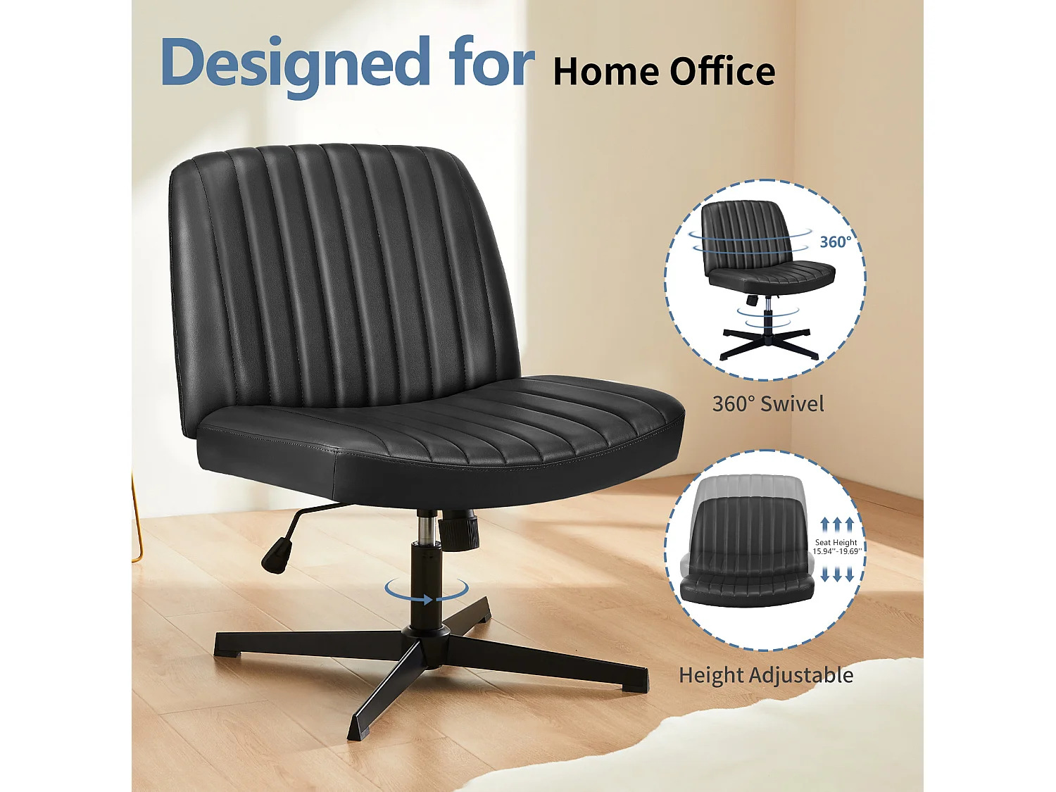 Bureaustoel, Cross-Legged stoel, zonder wielen Armless Swivel Home Office Chair, PU, zwart