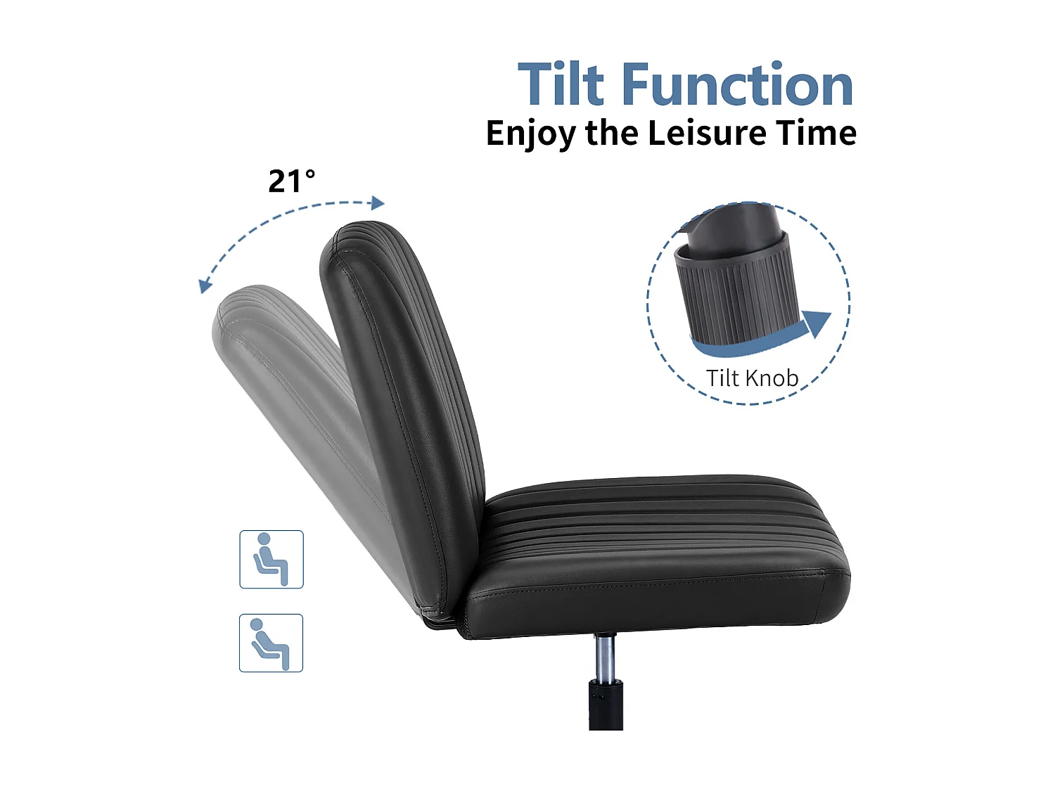 Bureaustoel, Cross-Legged stoel, zonder wielen Armless Swivel Home Office Chair, PU, zwart