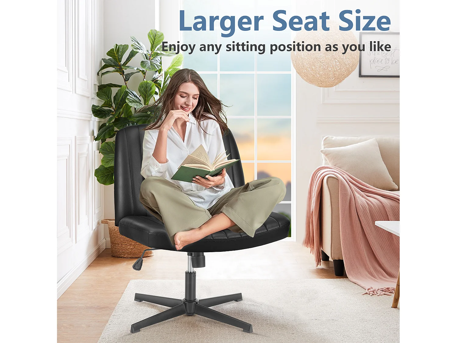 Bureaustoel, Cross-Legged stoel, zonder wielen Armless Swivel Home Office Chair, PU, zwart