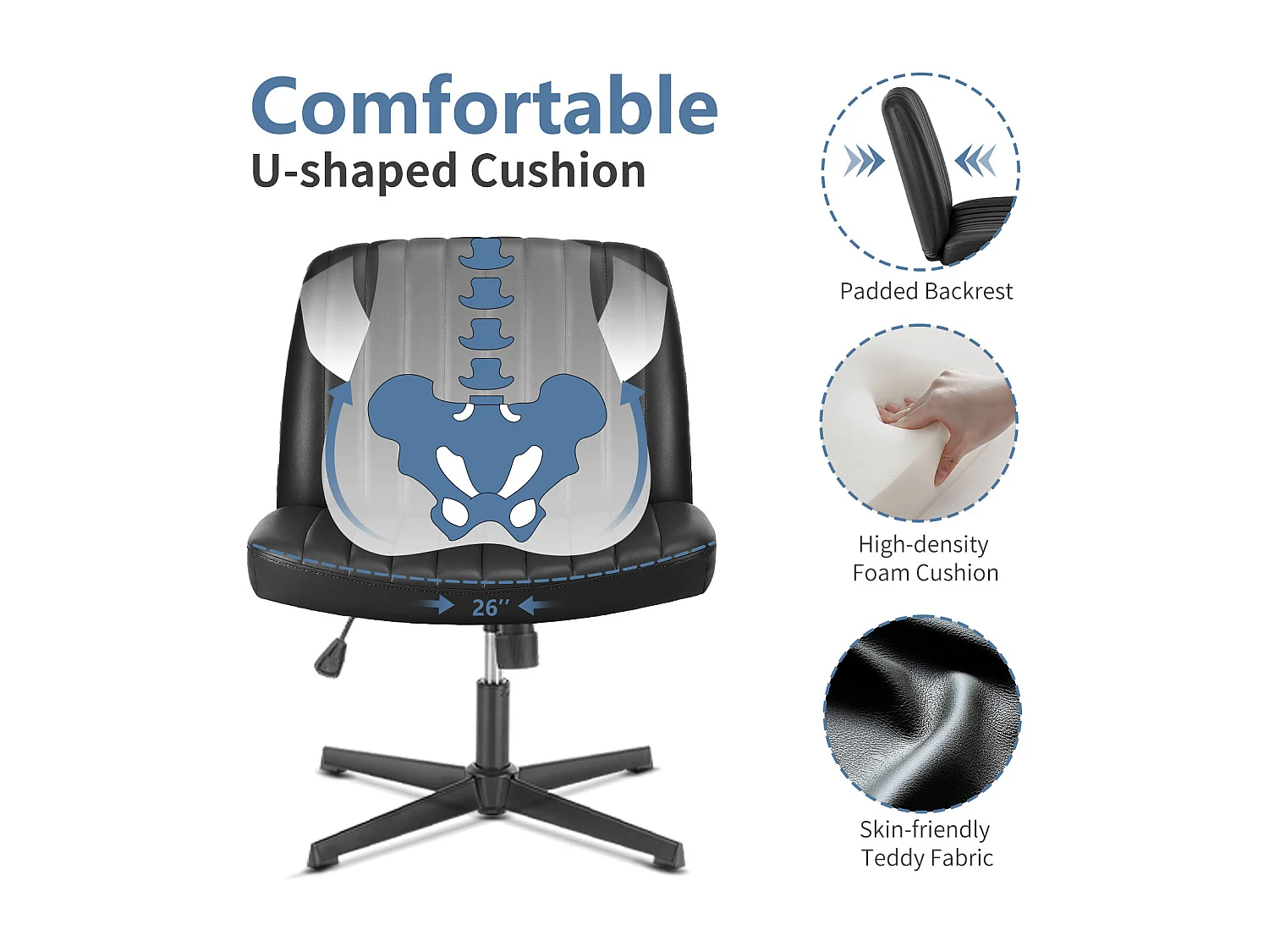 Bureaustoel, Cross-Legged stoel, zonder wielen Armless Swivel Home Office Chair, PU, zwart